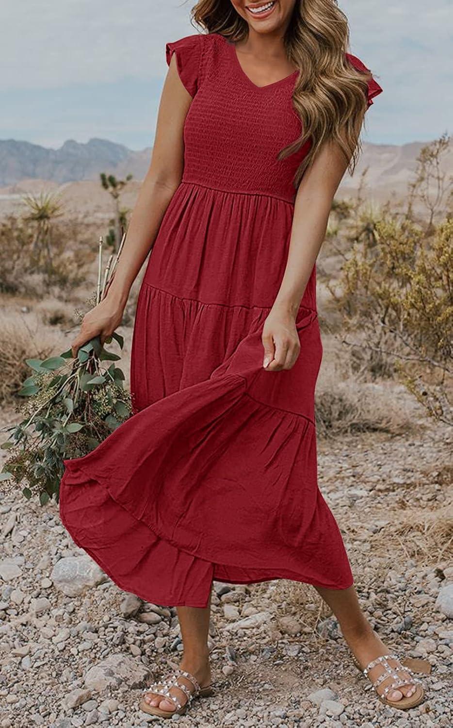 imageMEROKEETY Womens Summer 2026 Casual Midi Dress Flutter Sleeve V Neck Smocked Tiered Beach Vacation DressesWine