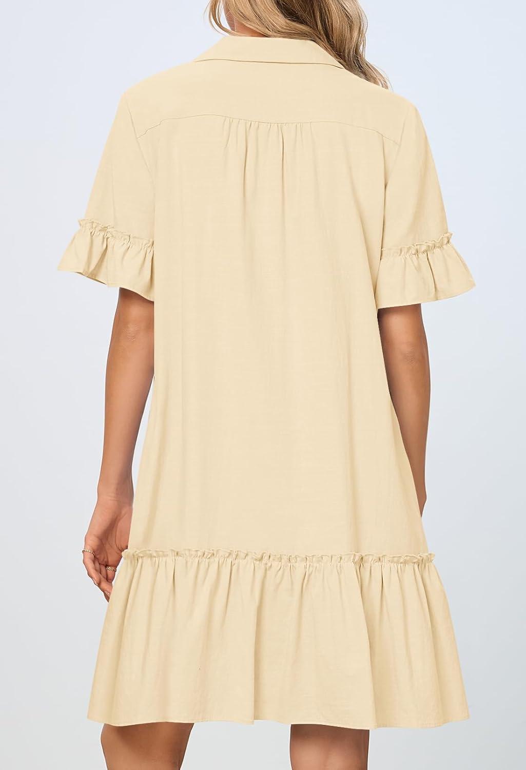 imageMEROKEETY Womens Summer Button Down Shirt Dress Casual Ruffle Sleeve Shift Mini Dresses with PocketsBeige