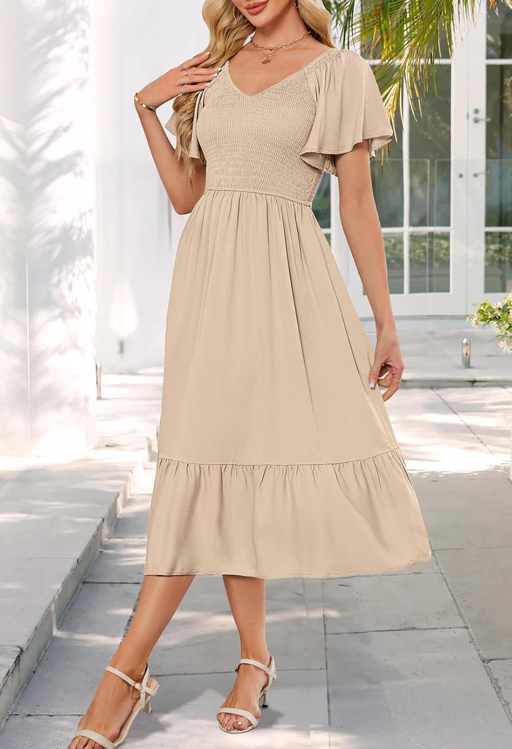 imageMEROKEETY Womens Summer Casual V Neck Ruffle Sleeve Smocked High Waist Midi Dress with PocketsAlmond