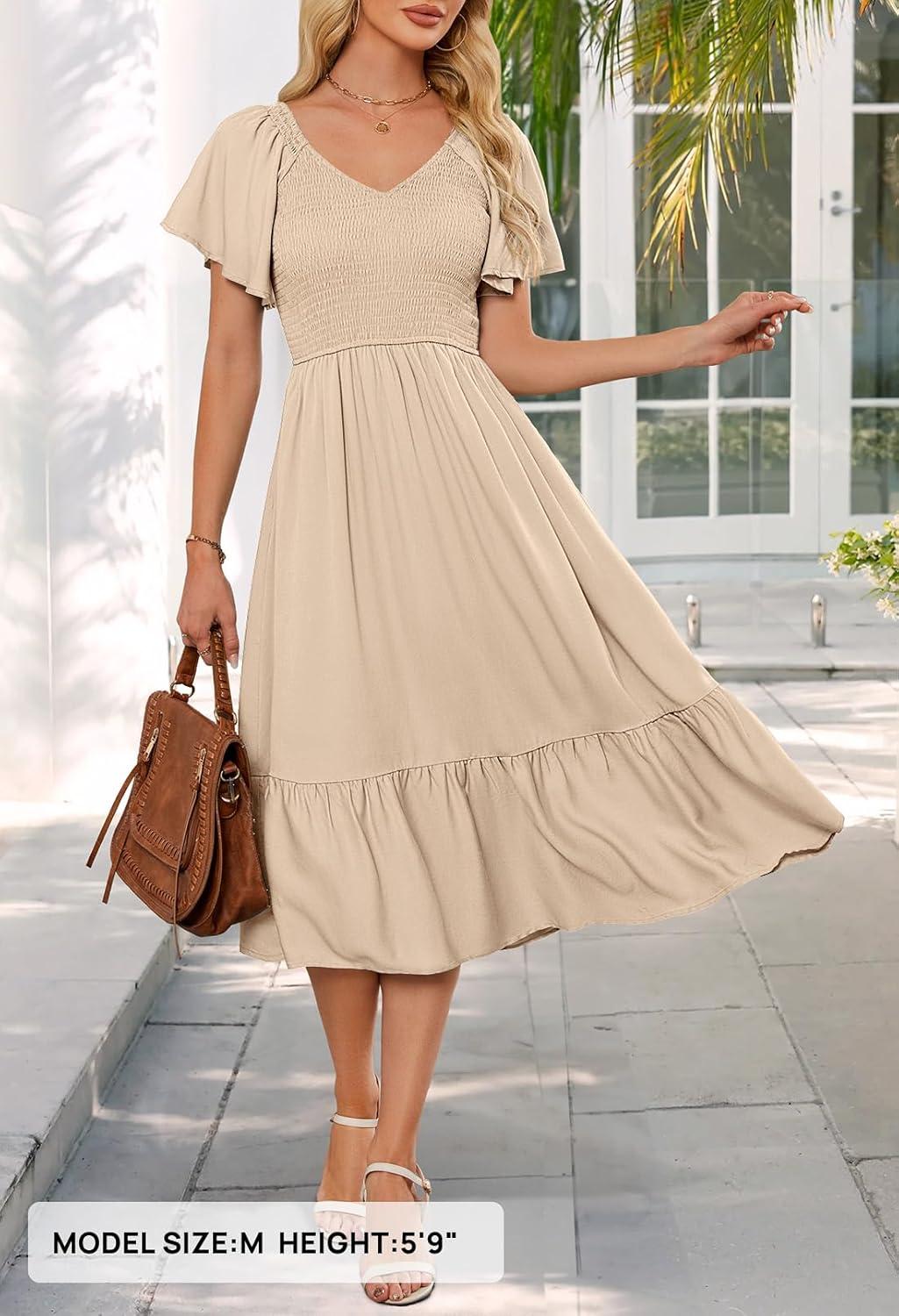 imageMEROKEETY Womens Summer Casual V Neck Ruffle Sleeve Smocked High Waist Midi Dress with PocketsAlmond