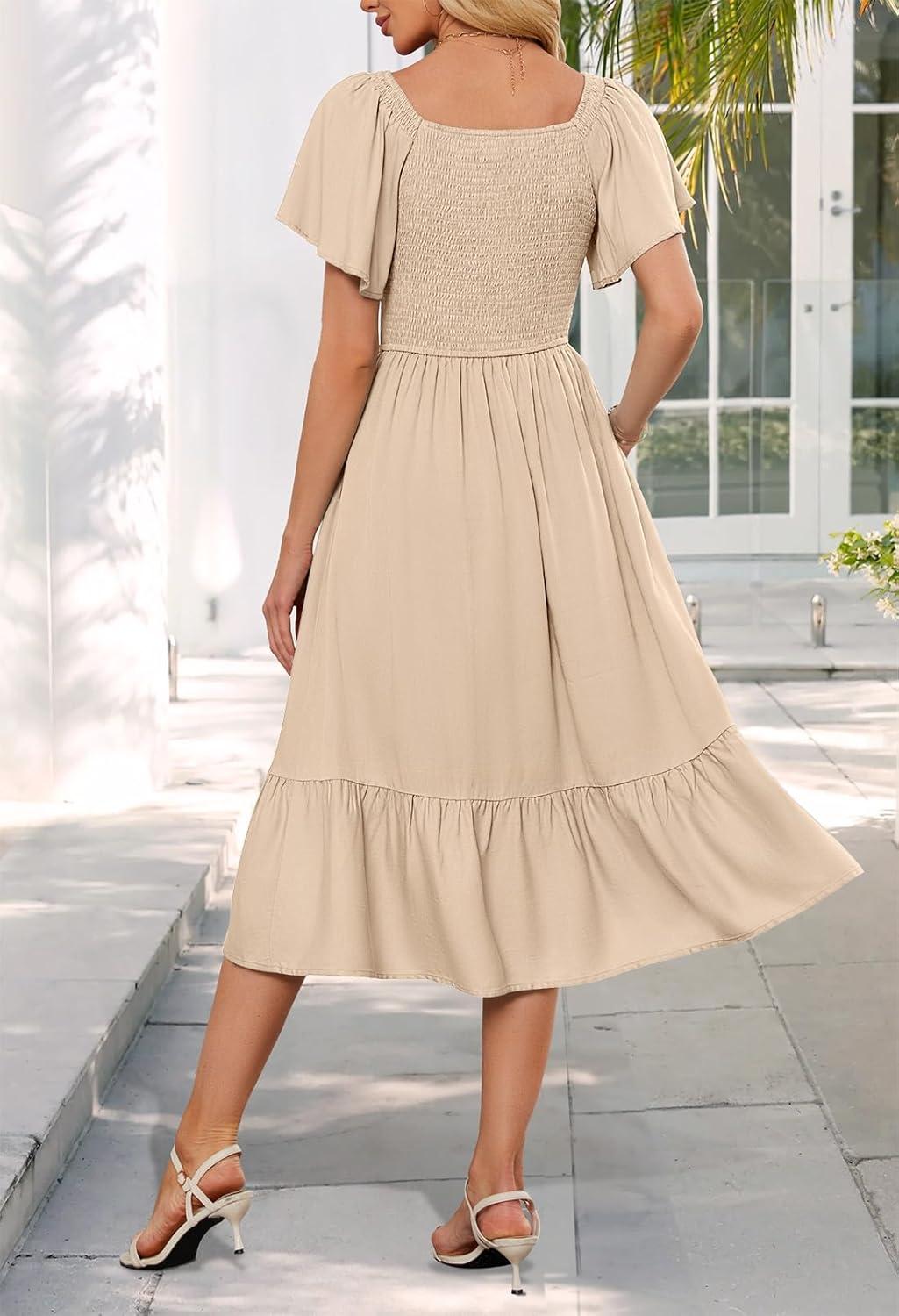imageMEROKEETY Womens Summer Casual V Neck Ruffle Sleeve Smocked High Waist Midi Dress with PocketsAlmond