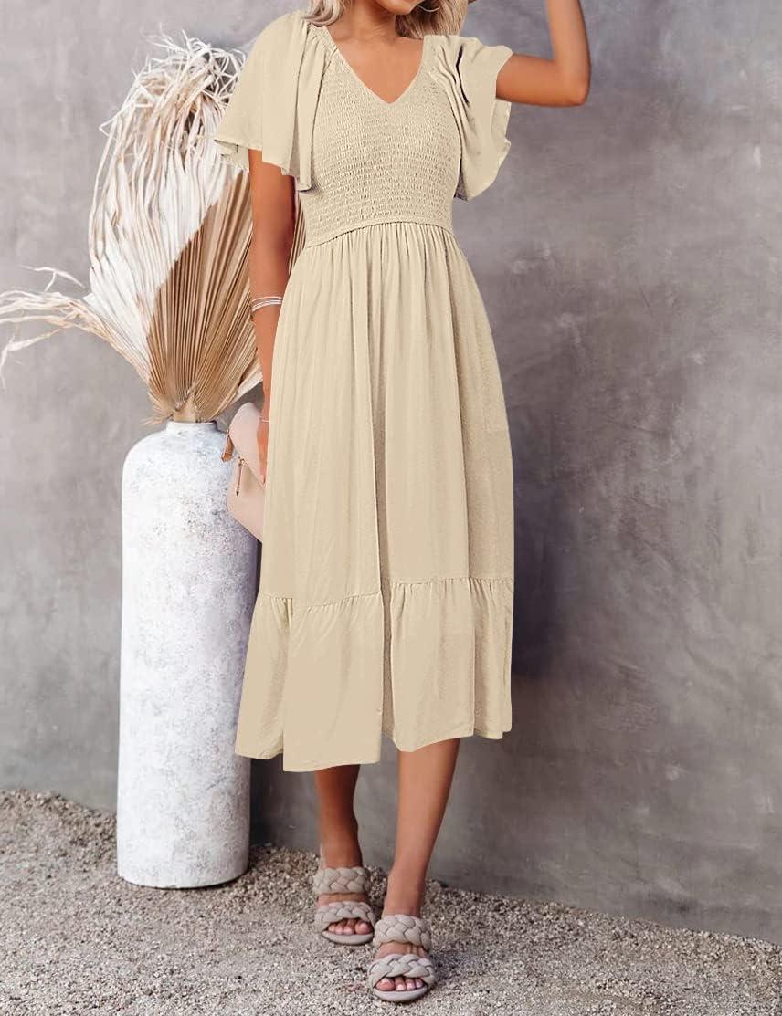 imageMEROKEETY Womens Summer Casual V Neck Ruffle Sleeve Smocked High Waist Midi Dress with PocketsApricot