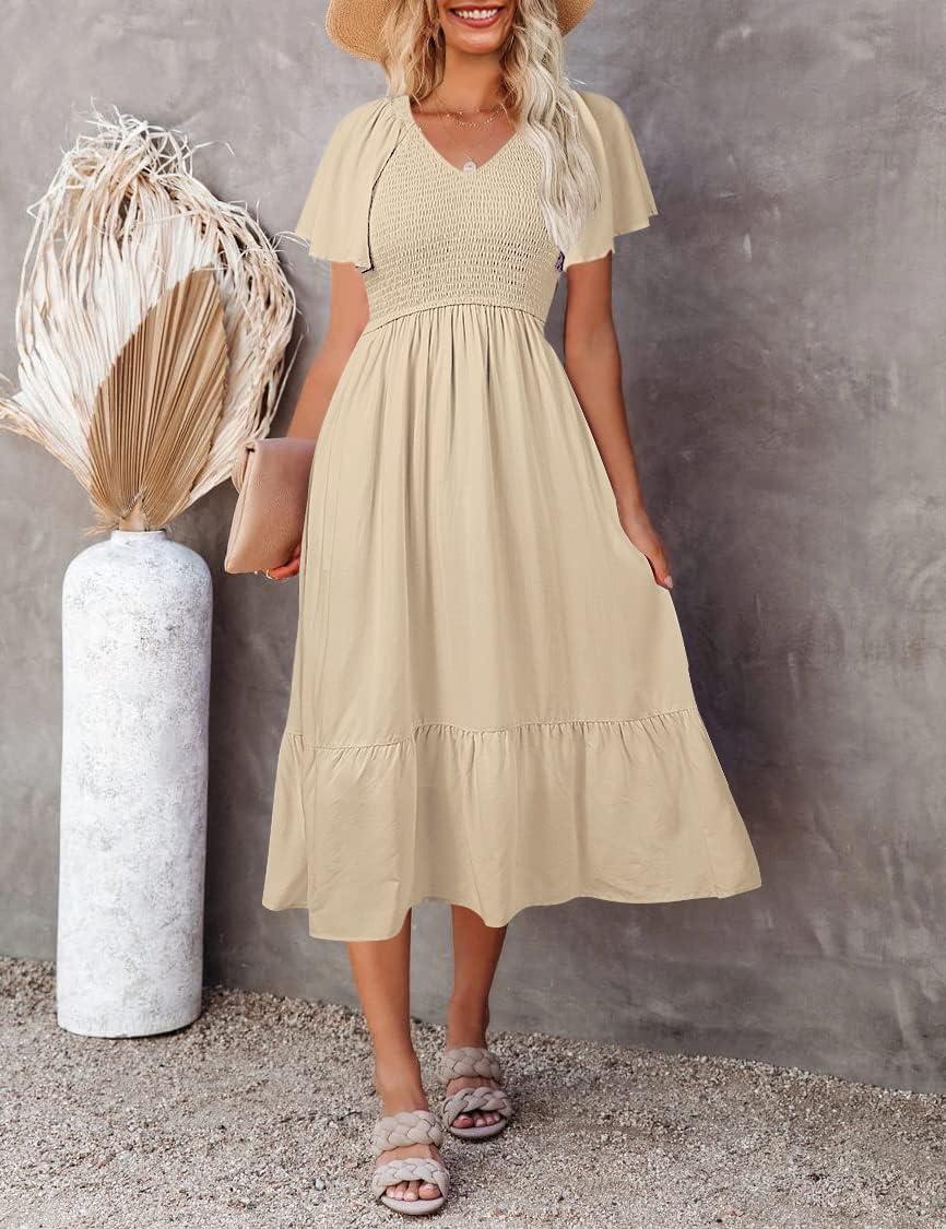 imageMEROKEETY Womens Summer Casual V Neck Ruffle Sleeve Smocked High Waist Midi Dress with PocketsApricot