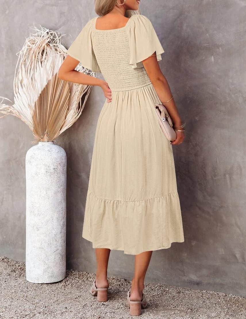 imageMEROKEETY Womens Summer Casual V Neck Ruffle Sleeve Smocked High Waist Midi Dress with PocketsApricot