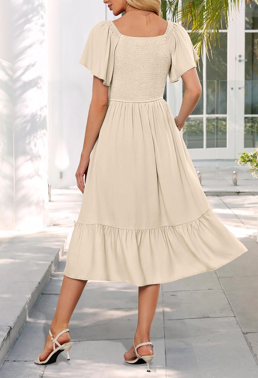 imageMEROKEETY Womens Summer Casual V Neck Ruffle Sleeve Smocked High Waist Midi Dress with PocketsBeige