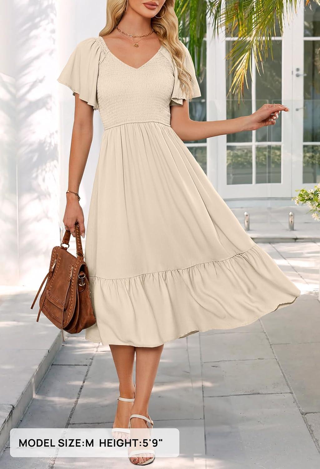 imageMEROKEETY Womens Summer Casual V Neck Ruffle Sleeve Smocked High Waist Midi Dress with PocketsBeige