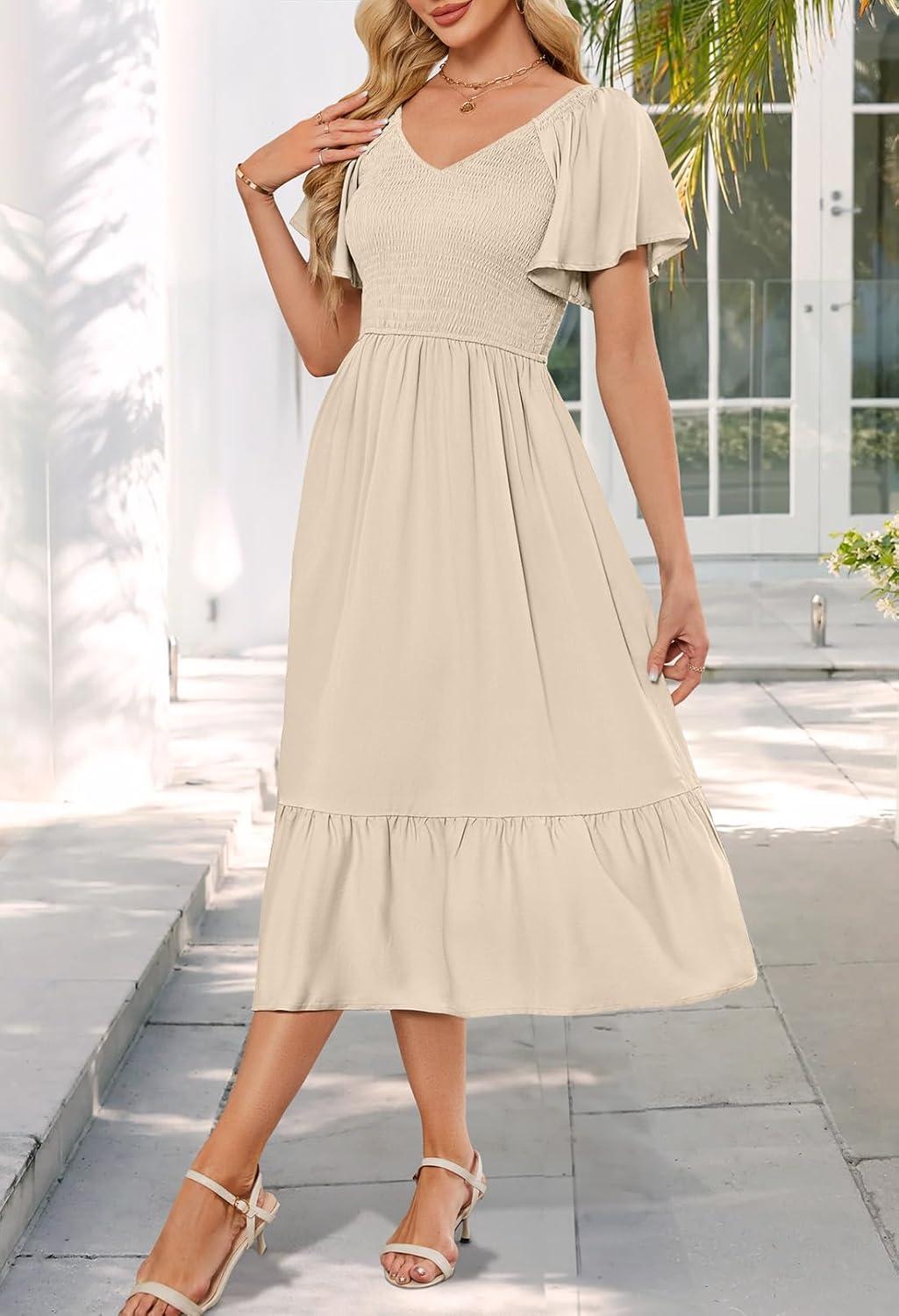 imageMEROKEETY Womens Summer Casual V Neck Ruffle Sleeve Smocked High Waist Midi Dress with PocketsBeige