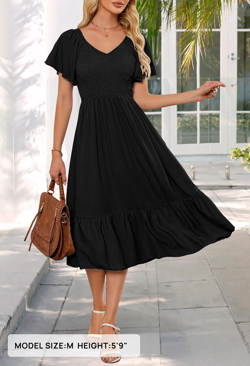 imageMEROKEETY Womens Summer Casual V Neck Ruffle Sleeve Smocked High Waist Midi Dress with PocketsBlack