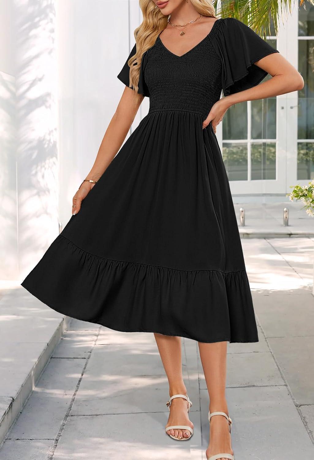 imageMEROKEETY Womens Summer Casual V Neck Ruffle Sleeve Smocked High Waist Midi Dress with PocketsBlack