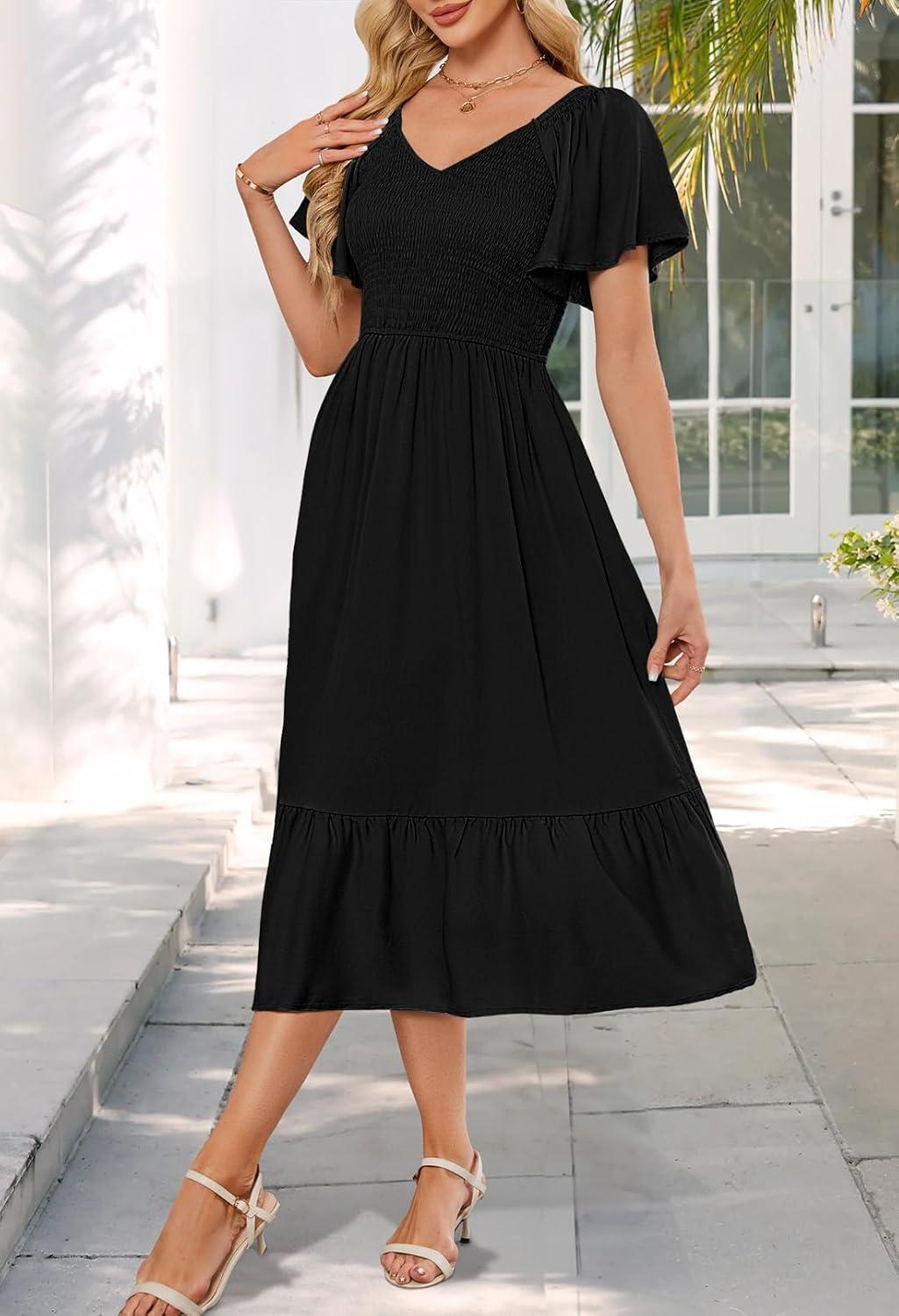 imageMEROKEETY Womens Summer Casual V Neck Ruffle Sleeve Smocked High Waist Midi Dress with PocketsBlack