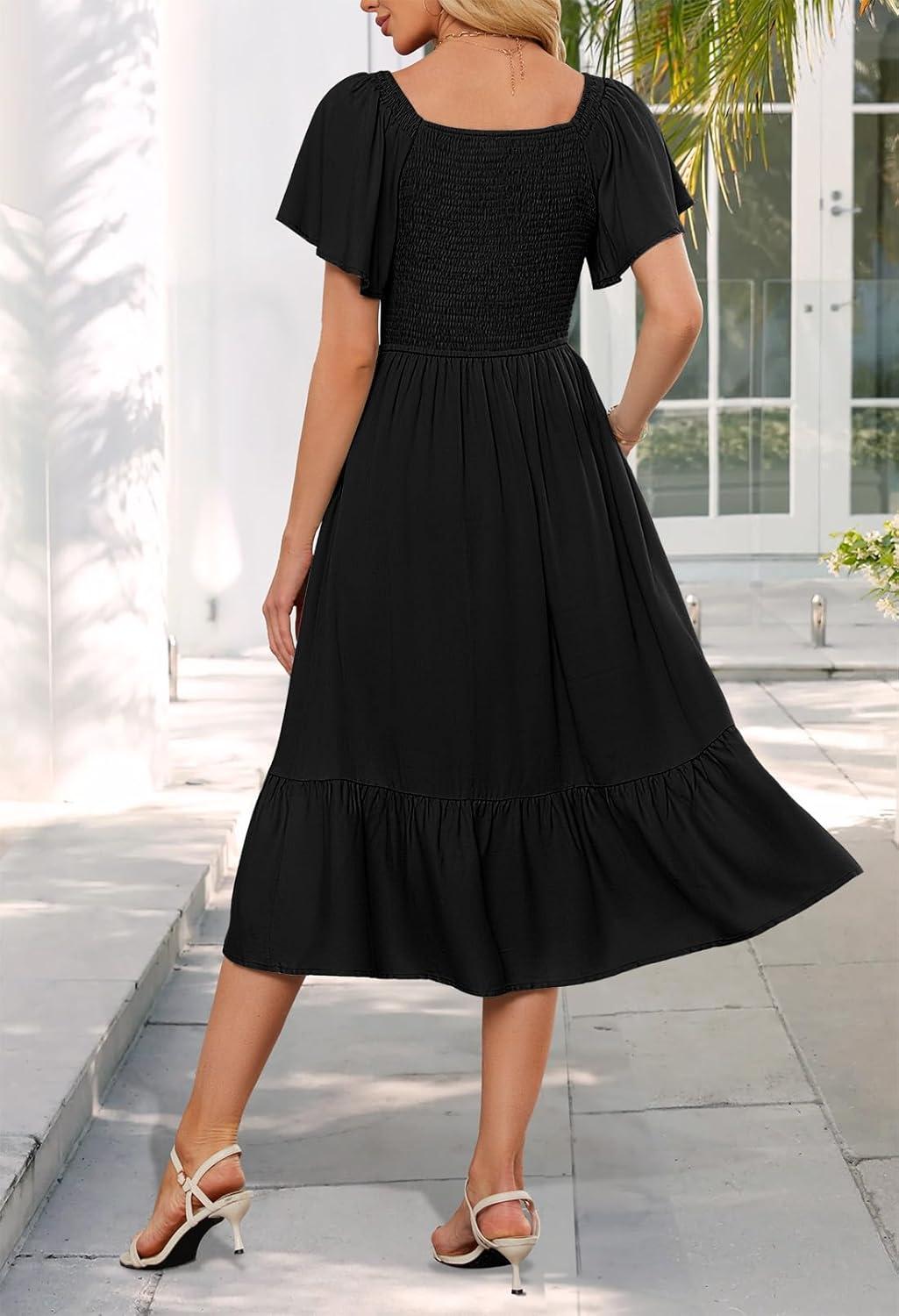 imageMEROKEETY Womens Summer Casual V Neck Ruffle Sleeve Smocked High Waist Midi Dress with PocketsBlack