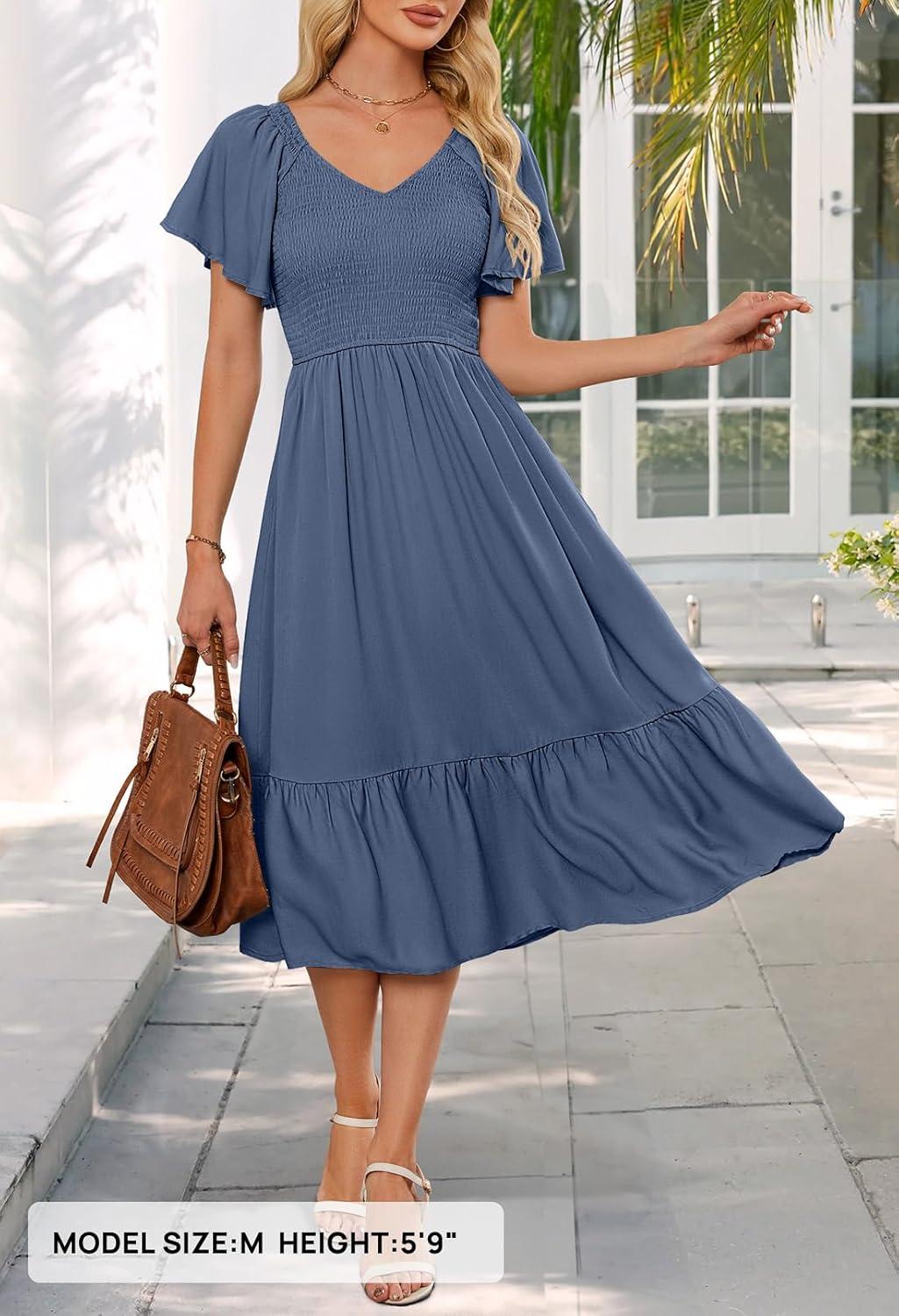 imageMEROKEETY Womens Summer Casual V Neck Ruffle Sleeve Smocked High Waist Midi Dress with PocketsGrayblue