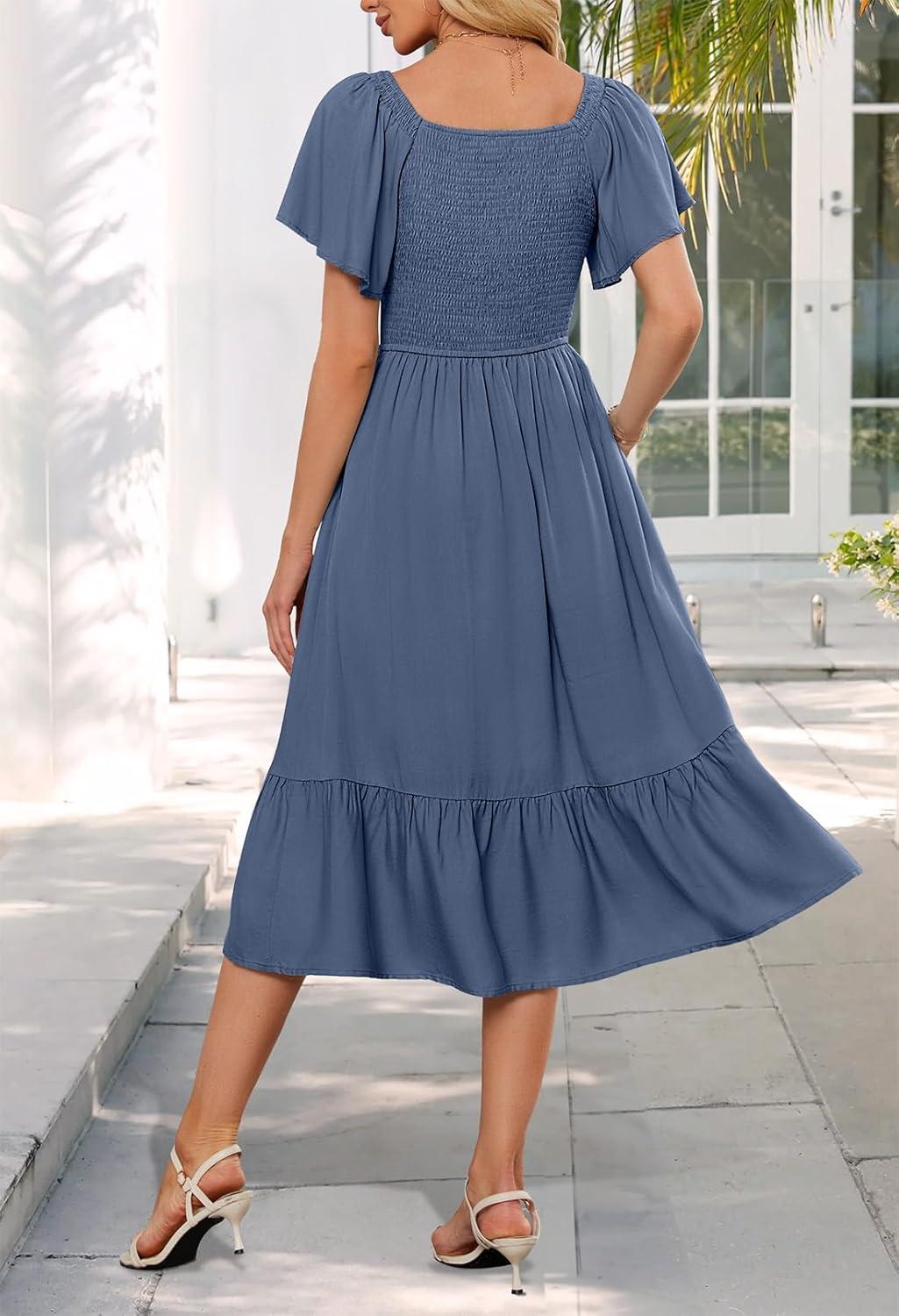 imageMEROKEETY Womens Summer Casual V Neck Ruffle Sleeve Smocked High Waist Midi Dress with PocketsGrayblue