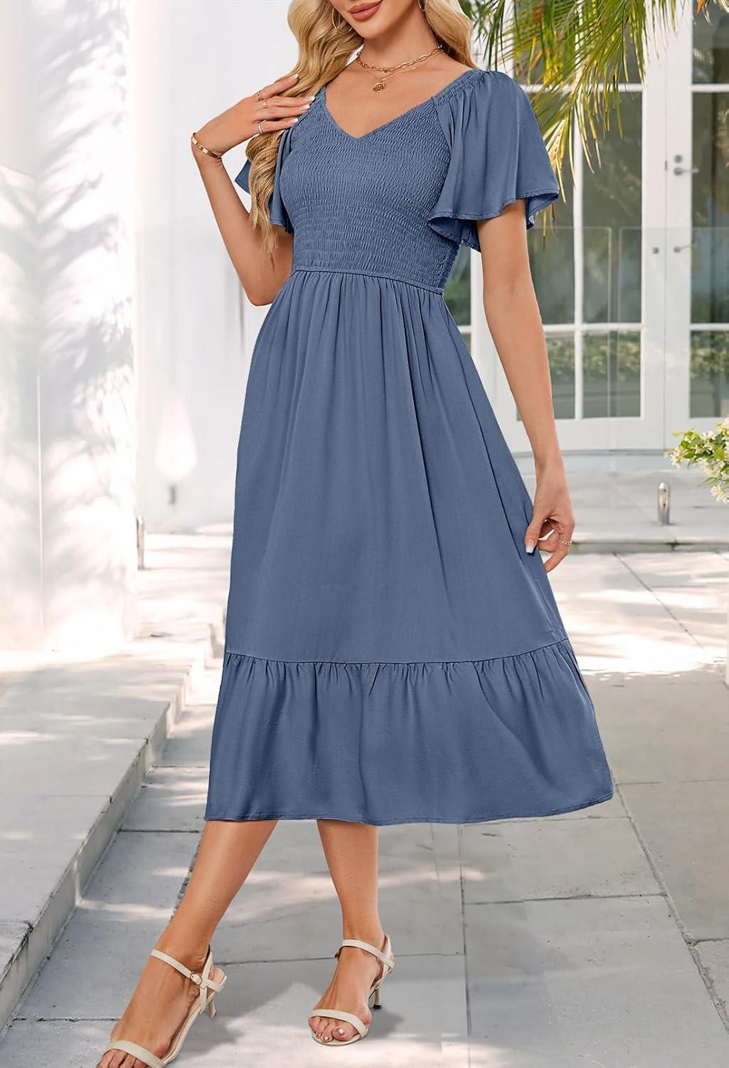 imageMEROKEETY Womens Summer Casual V Neck Ruffle Sleeve Smocked High Waist Midi Dress with PocketsGrayblue