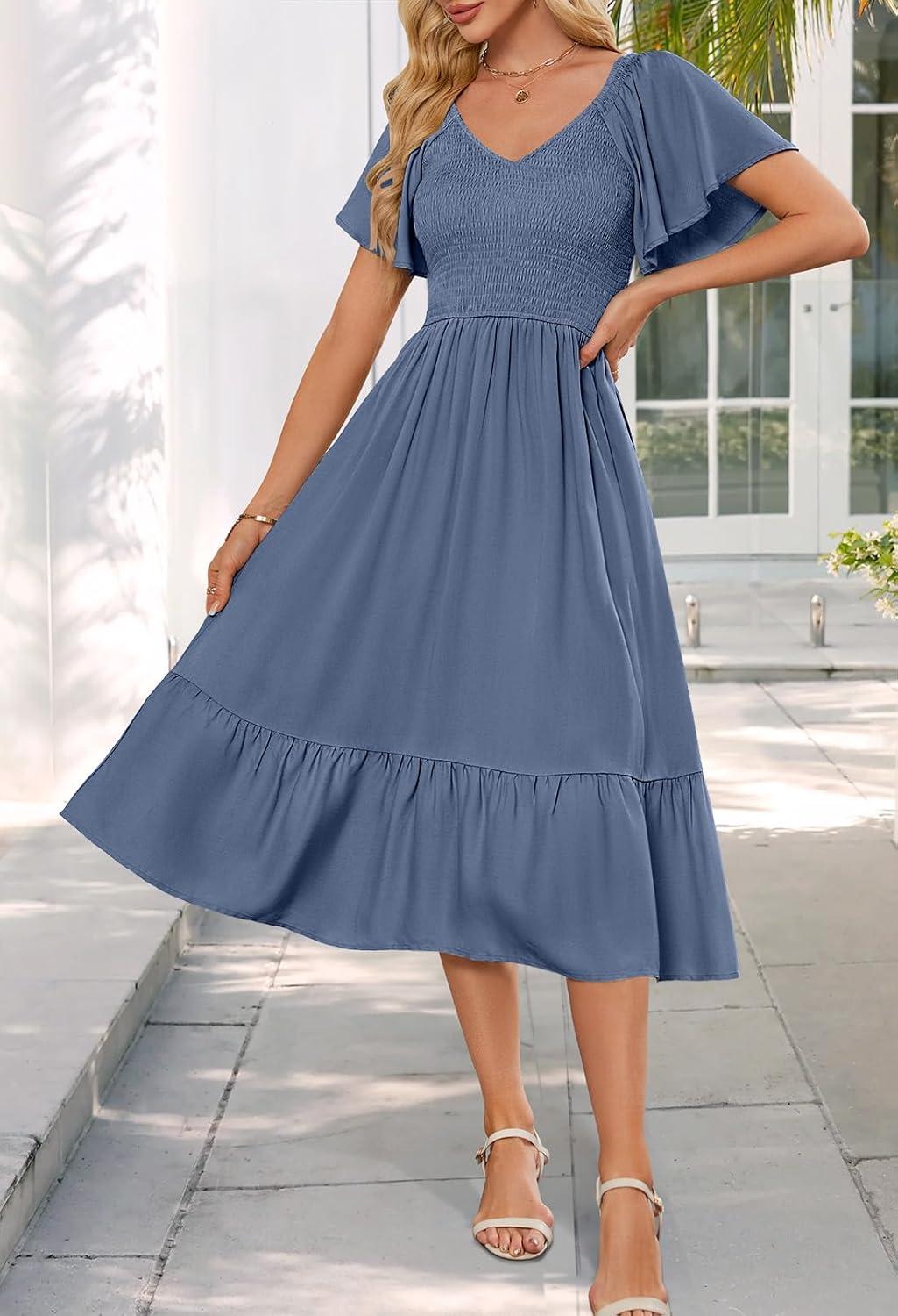 imageMEROKEETY Womens Summer Casual V Neck Ruffle Sleeve Smocked High Waist Midi Dress with PocketsGrayblue