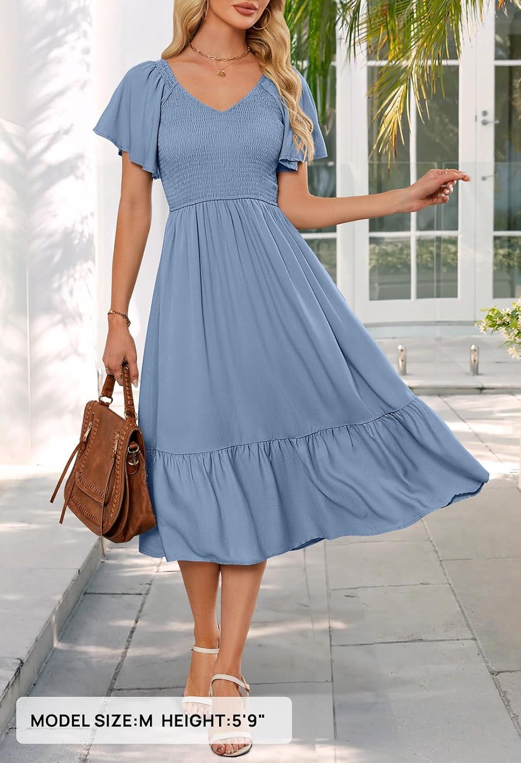 imageMEROKEETY Womens Summer Casual V Neck Ruffle Sleeve Smocked High Waist Midi Dress with PocketsLightblue