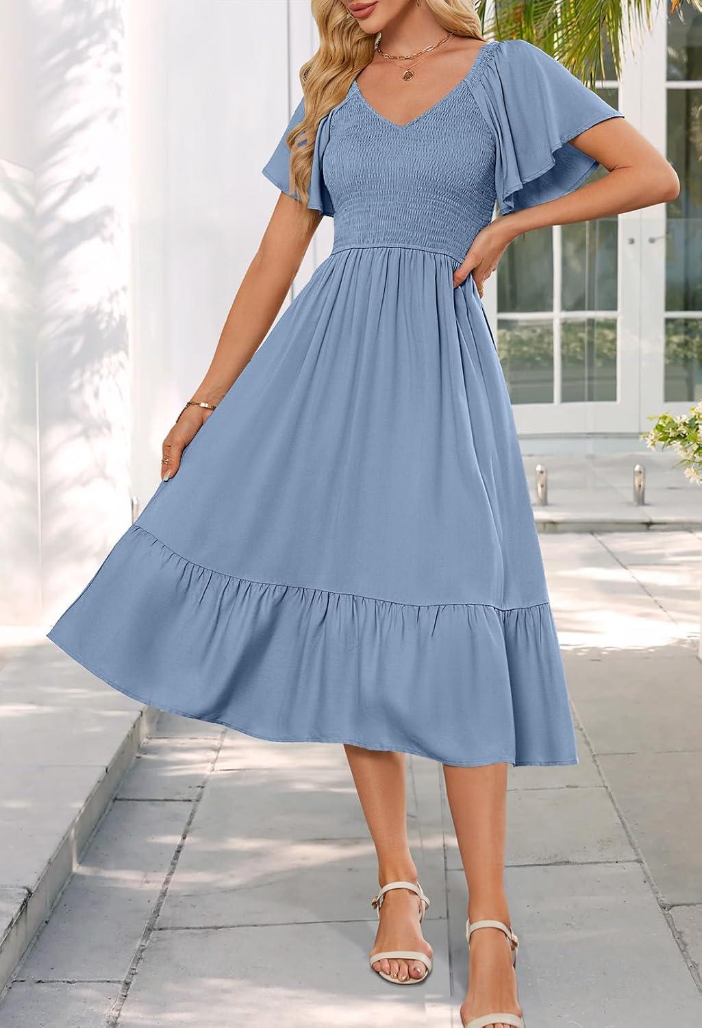 imageMEROKEETY Womens Summer Casual V Neck Ruffle Sleeve Smocked High Waist Midi Dress with PocketsLightblue