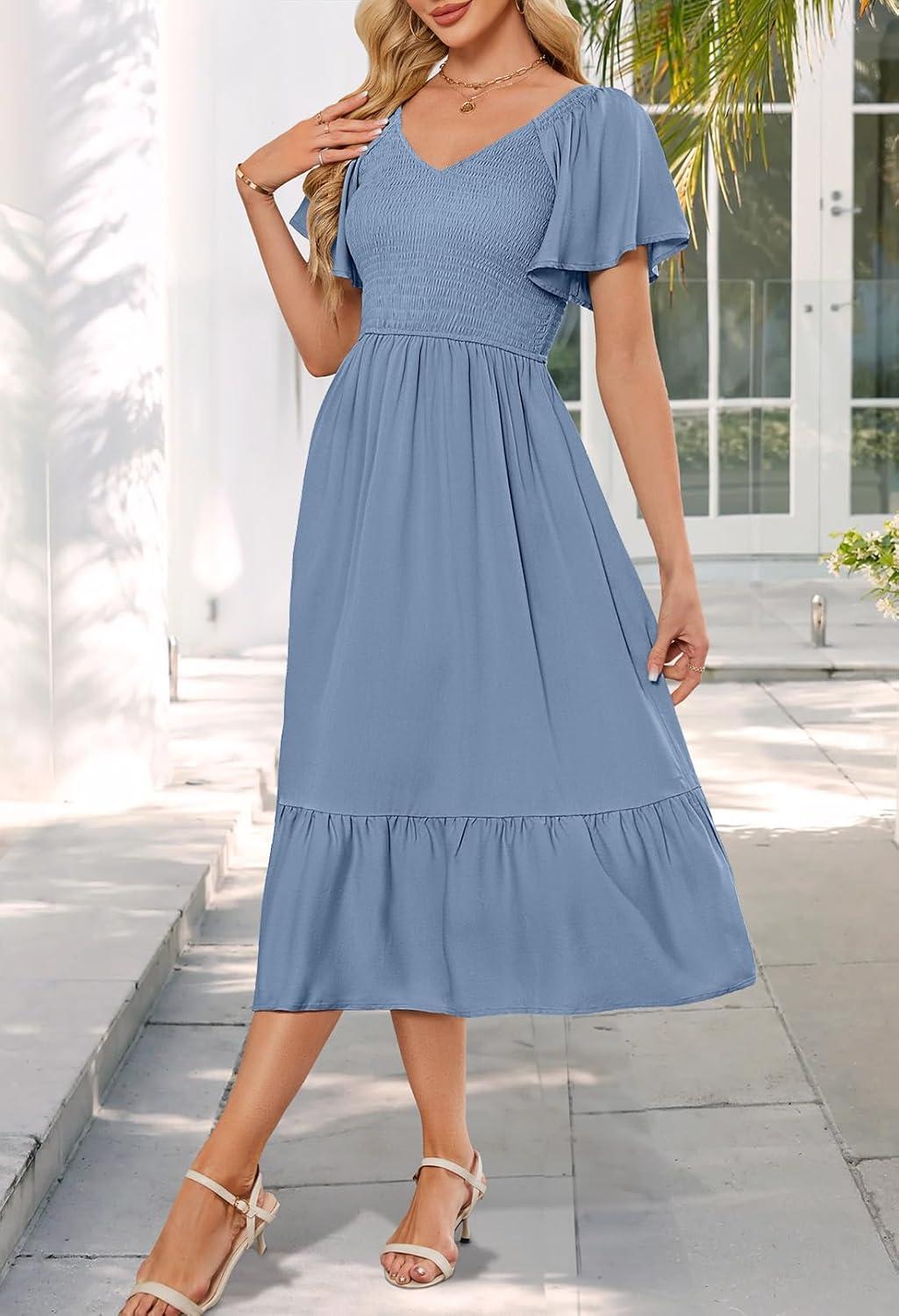 imageMEROKEETY Womens Summer Casual V Neck Ruffle Sleeve Smocked High Waist Midi Dress with PocketsLightblue