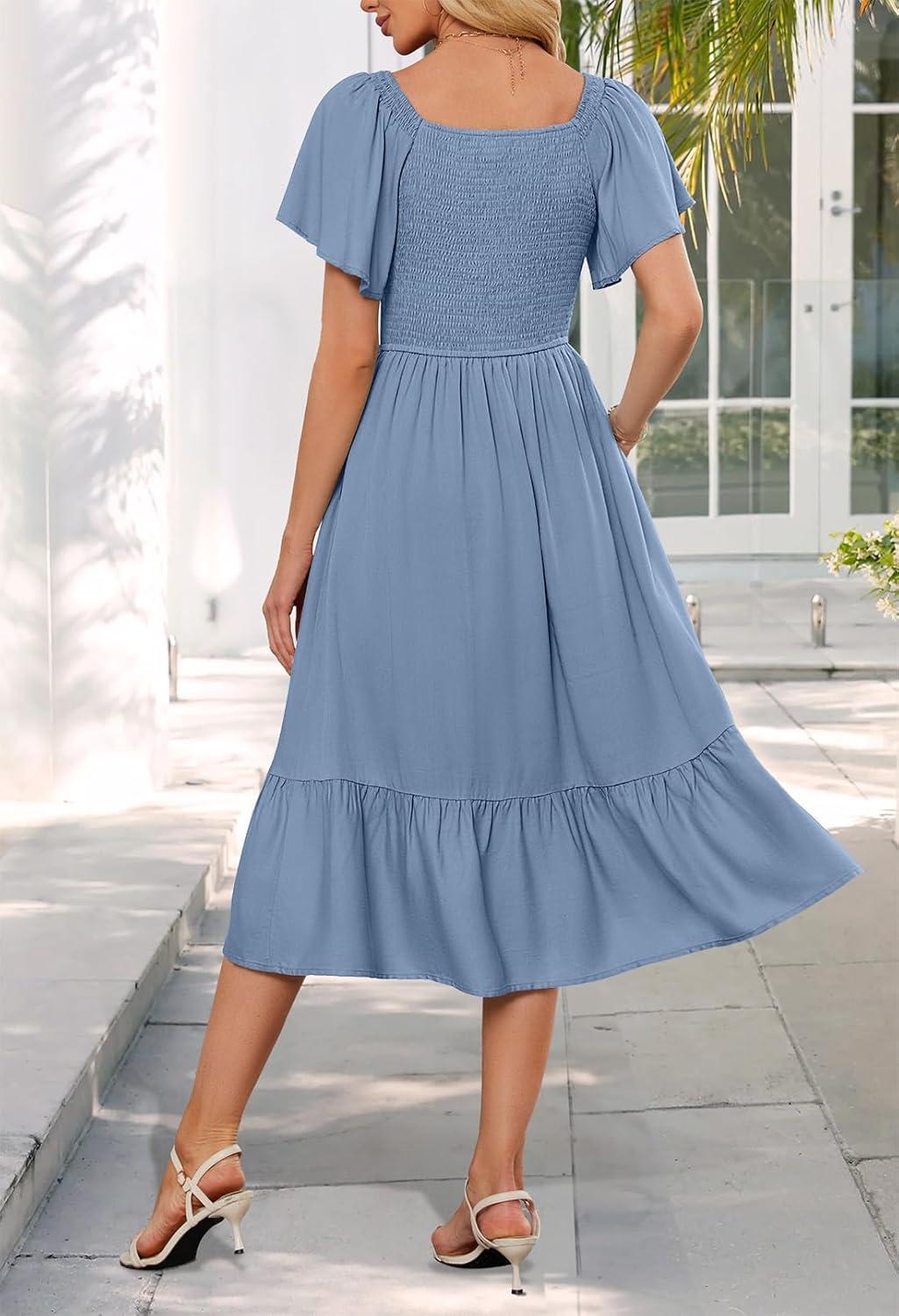 imageMEROKEETY Womens Summer Casual V Neck Ruffle Sleeve Smocked High Waist Midi Dress with PocketsLightblue