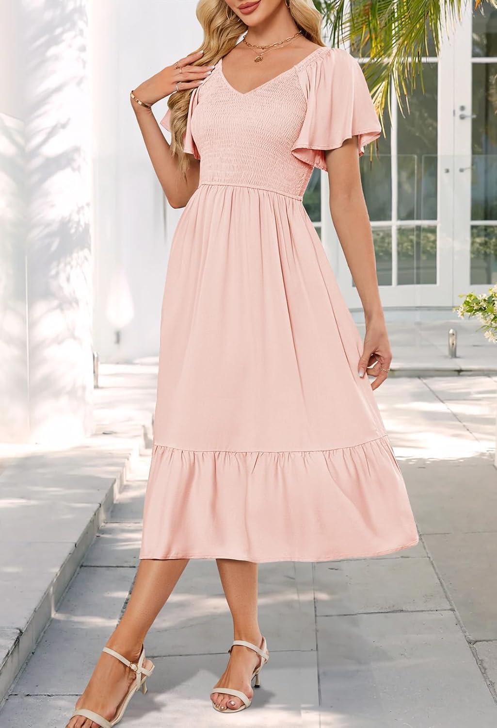 imageMEROKEETY Womens Summer Casual V Neck Ruffle Sleeve Smocked High Waist Midi Dress with PocketsPink