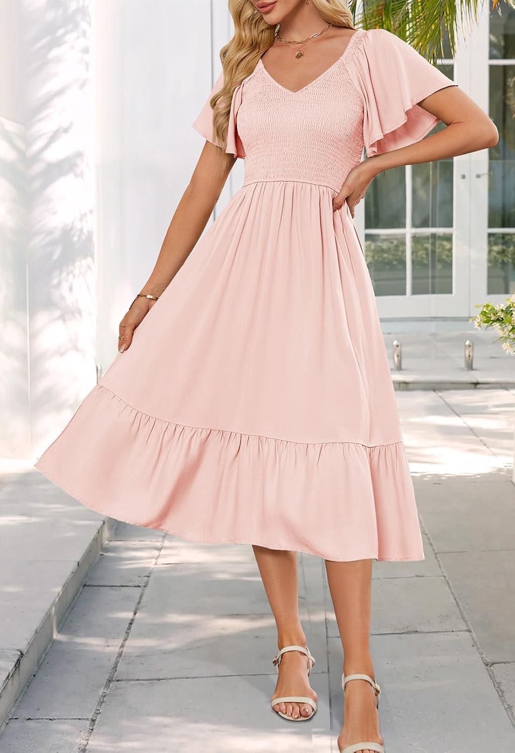 imageMEROKEETY Womens Summer Casual V Neck Ruffle Sleeve Smocked High Waist Midi Dress with PocketsPink