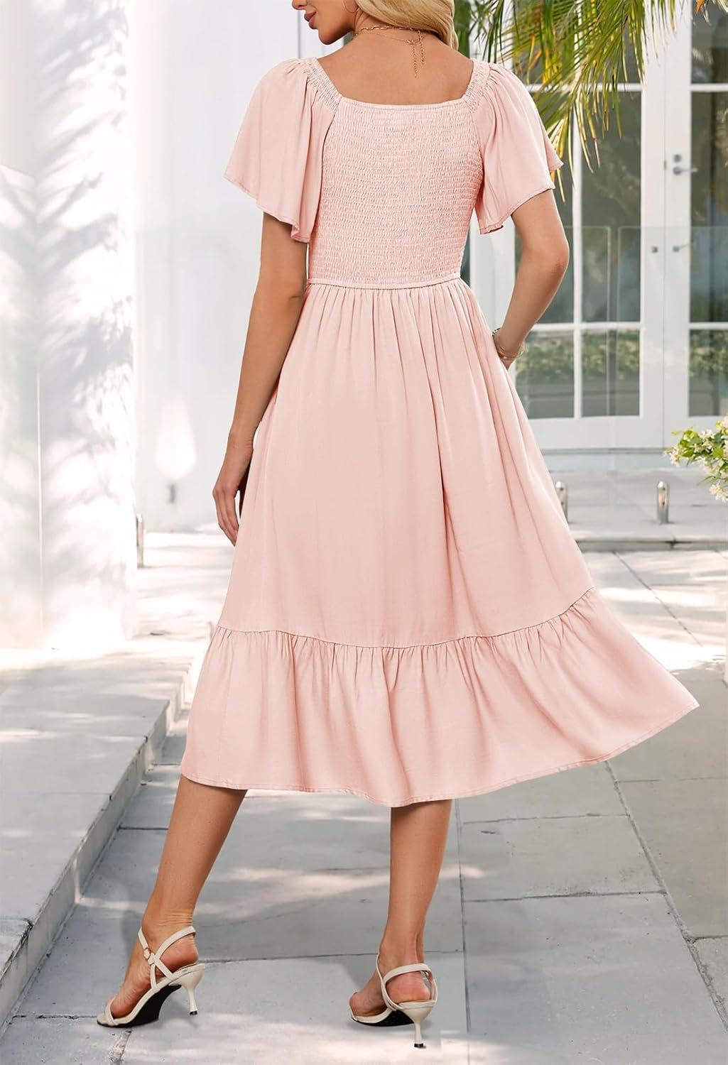 imageMEROKEETY Womens Summer Casual V Neck Ruffle Sleeve Smocked High Waist Midi Dress with PocketsPink