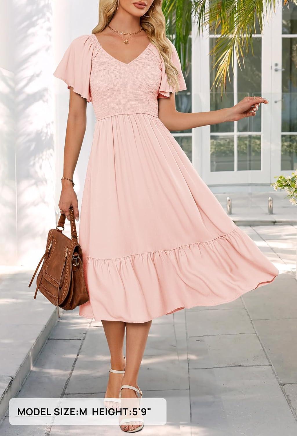 imageMEROKEETY Womens Summer Casual V Neck Ruffle Sleeve Smocked High Waist Midi Dress with PocketsPink