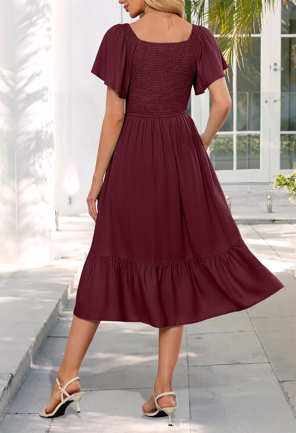 imageMEROKEETY Womens Summer Casual V Neck Ruffle Sleeve Smocked High Waist Midi Dress with PocketsPlum