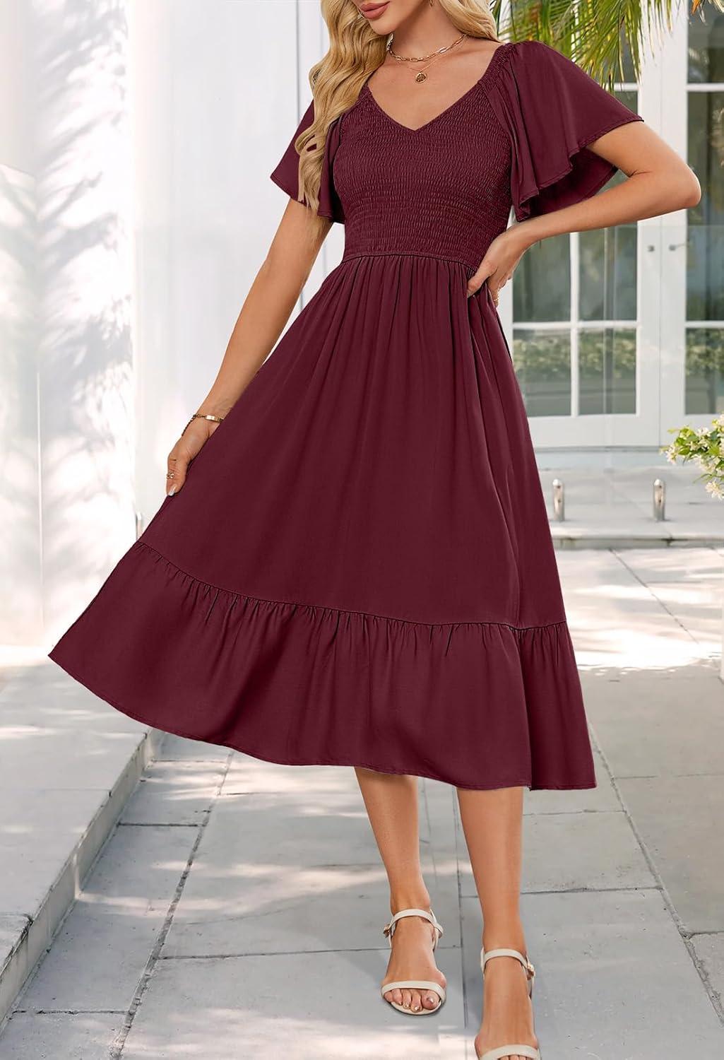 imageMEROKEETY Womens Summer Casual V Neck Ruffle Sleeve Smocked High Waist Midi Dress with PocketsPlum