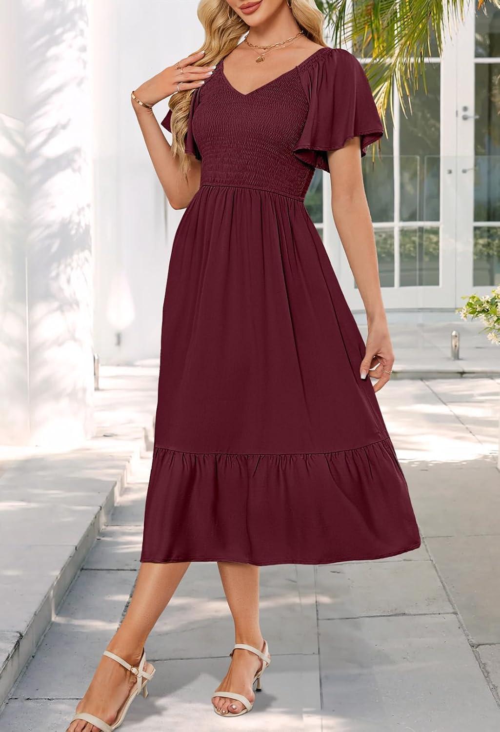 imageMEROKEETY Womens Summer Casual V Neck Ruffle Sleeve Smocked High Waist Midi Dress with PocketsPlum