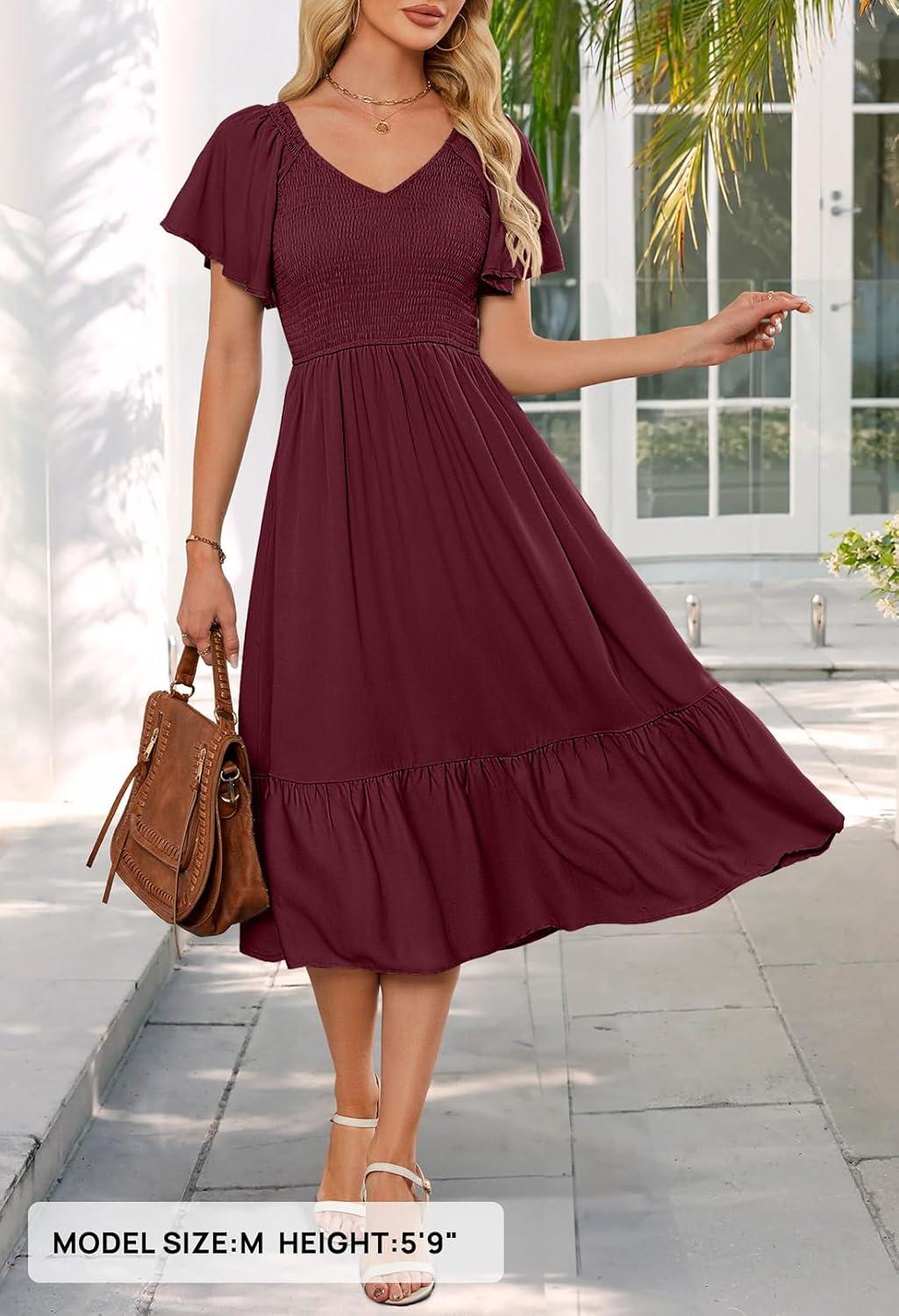 imageMEROKEETY Womens Summer Casual V Neck Ruffle Sleeve Smocked High Waist Midi Dress with PocketsPlum