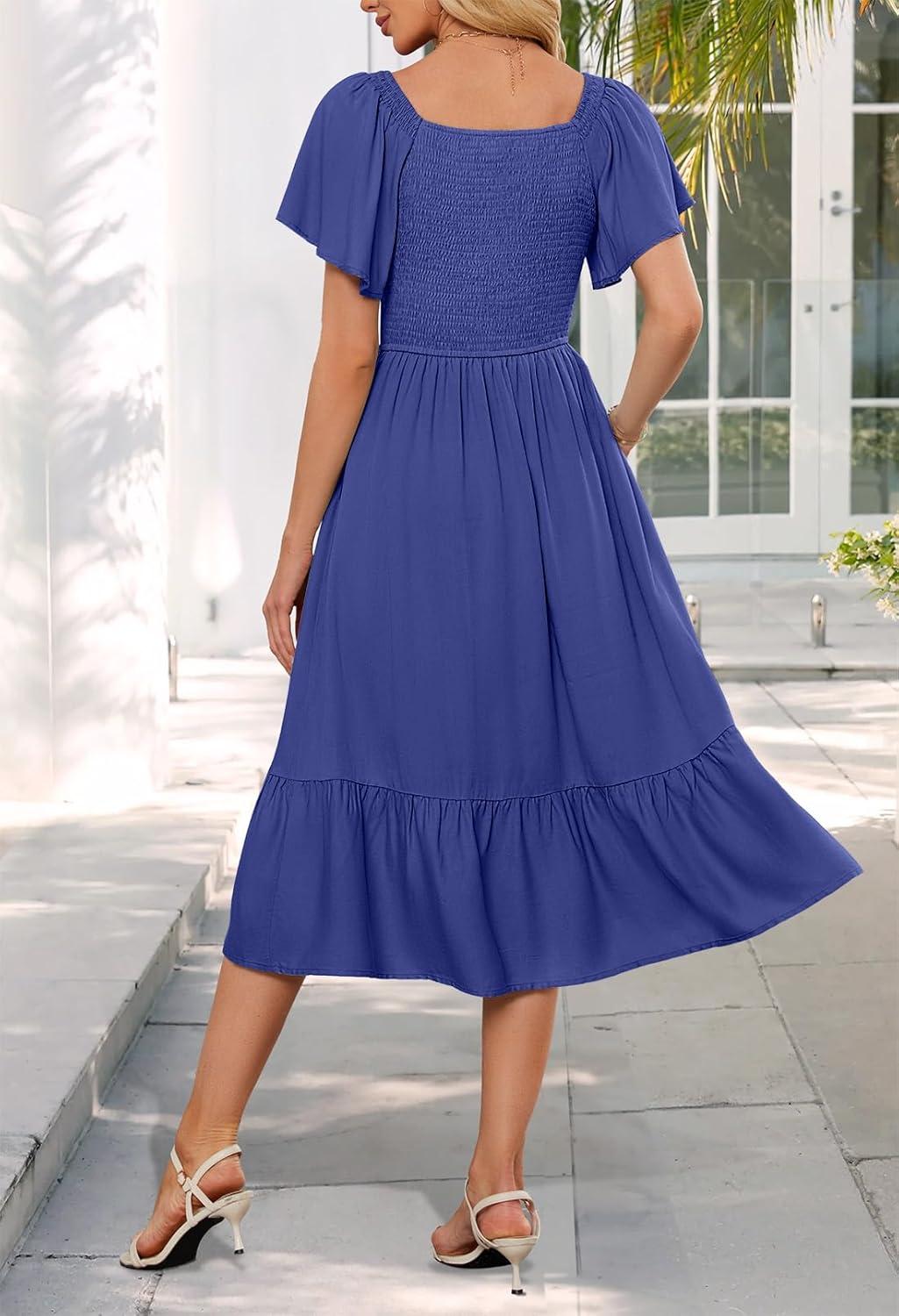 imageMEROKEETY Womens Summer Casual V Neck Ruffle Sleeve Smocked High Waist Midi Dress with PocketsRoyal