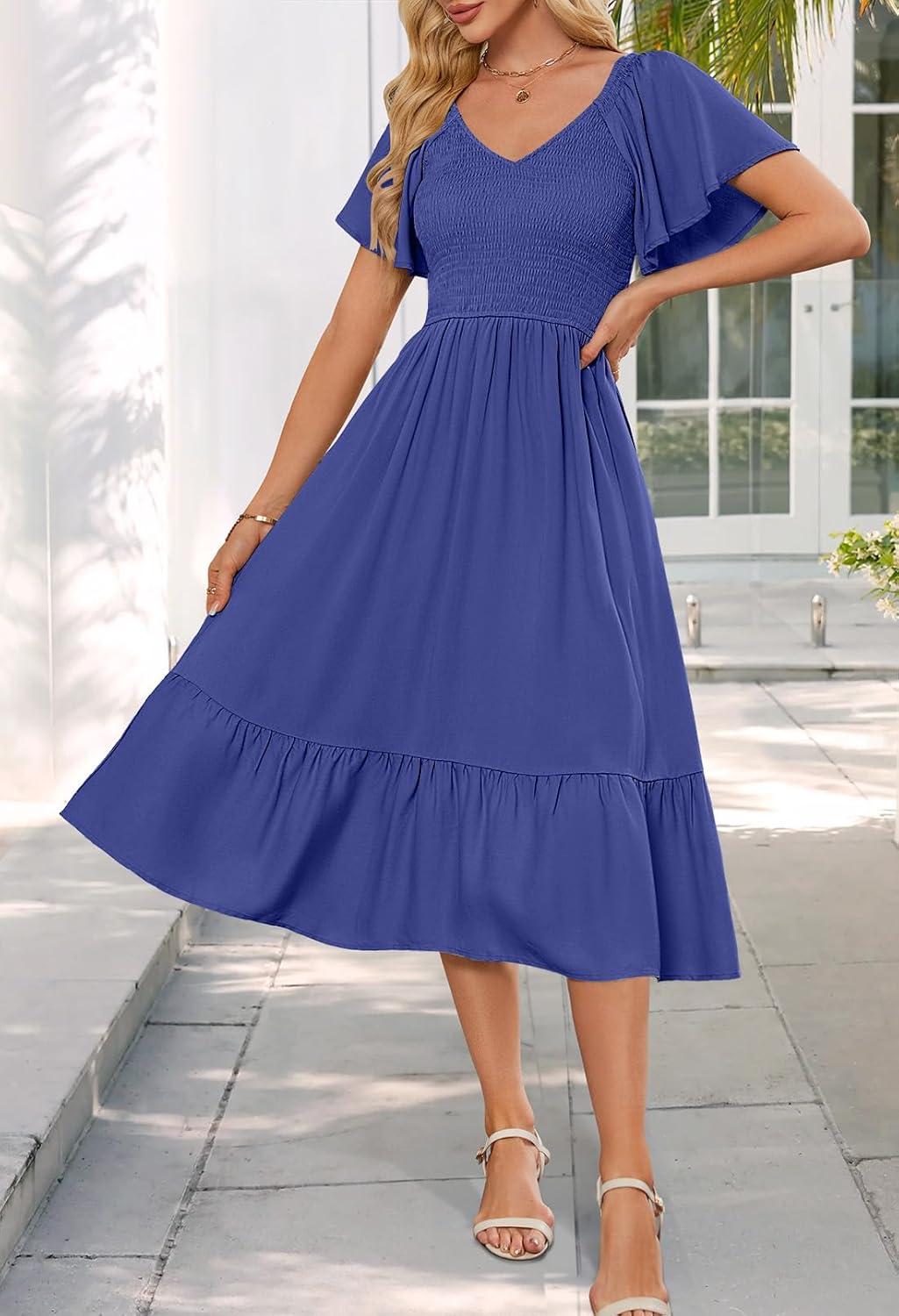 imageMEROKEETY Womens Summer Casual V Neck Ruffle Sleeve Smocked High Waist Midi Dress with PocketsRoyal