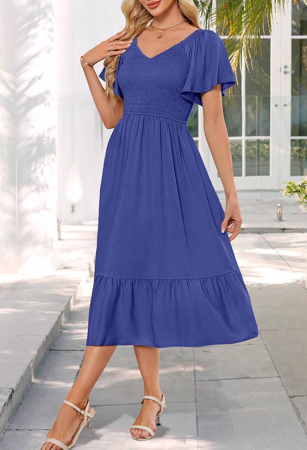 imageMEROKEETY Womens Summer Casual V Neck Ruffle Sleeve Smocked High Waist Midi Dress with PocketsRoyal