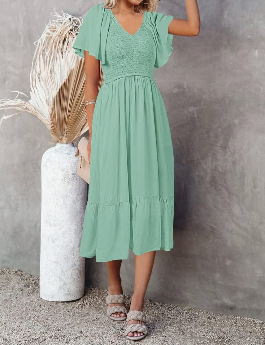 imageMEROKEETY Womens Summer Casual V Neck Ruffle Sleeve Smocked High Waist Midi Dress with PocketsSage