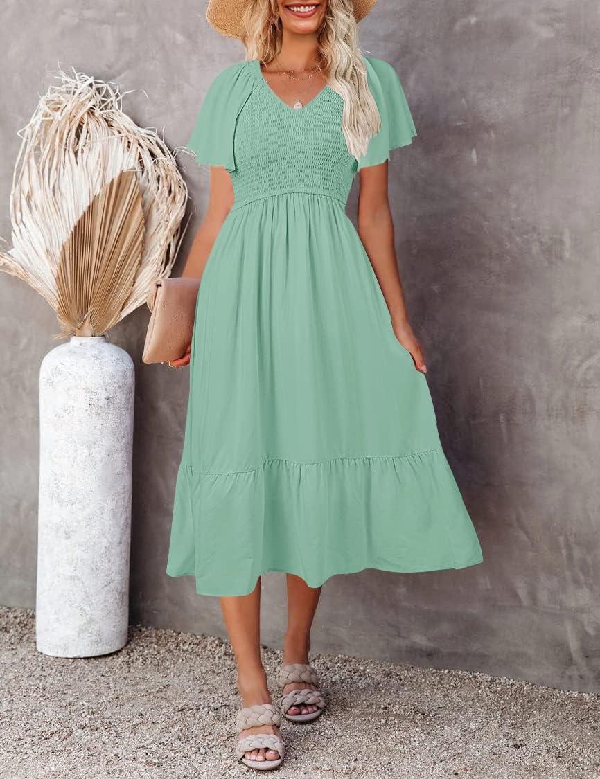 imageMEROKEETY Womens Summer Casual V Neck Ruffle Sleeve Smocked High Waist Midi Dress with PocketsSage