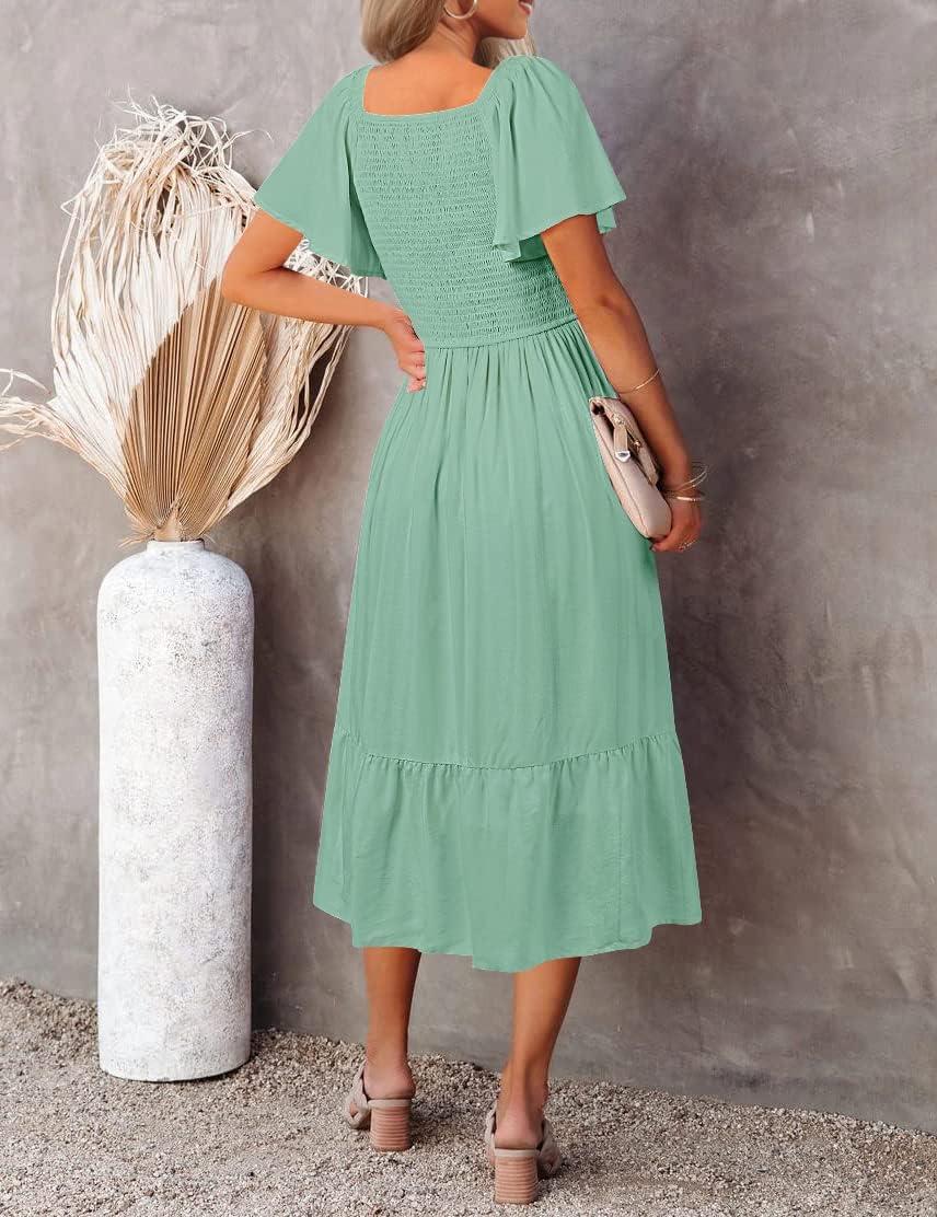imageMEROKEETY Womens Summer Casual V Neck Ruffle Sleeve Smocked High Waist Midi Dress with PocketsSage
