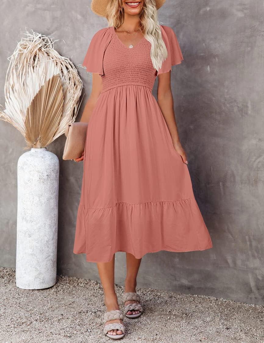 imageMEROKEETY Womens Summer Casual V Neck Ruffle Sleeve Smocked High Waist Midi Dress with PocketsTearose