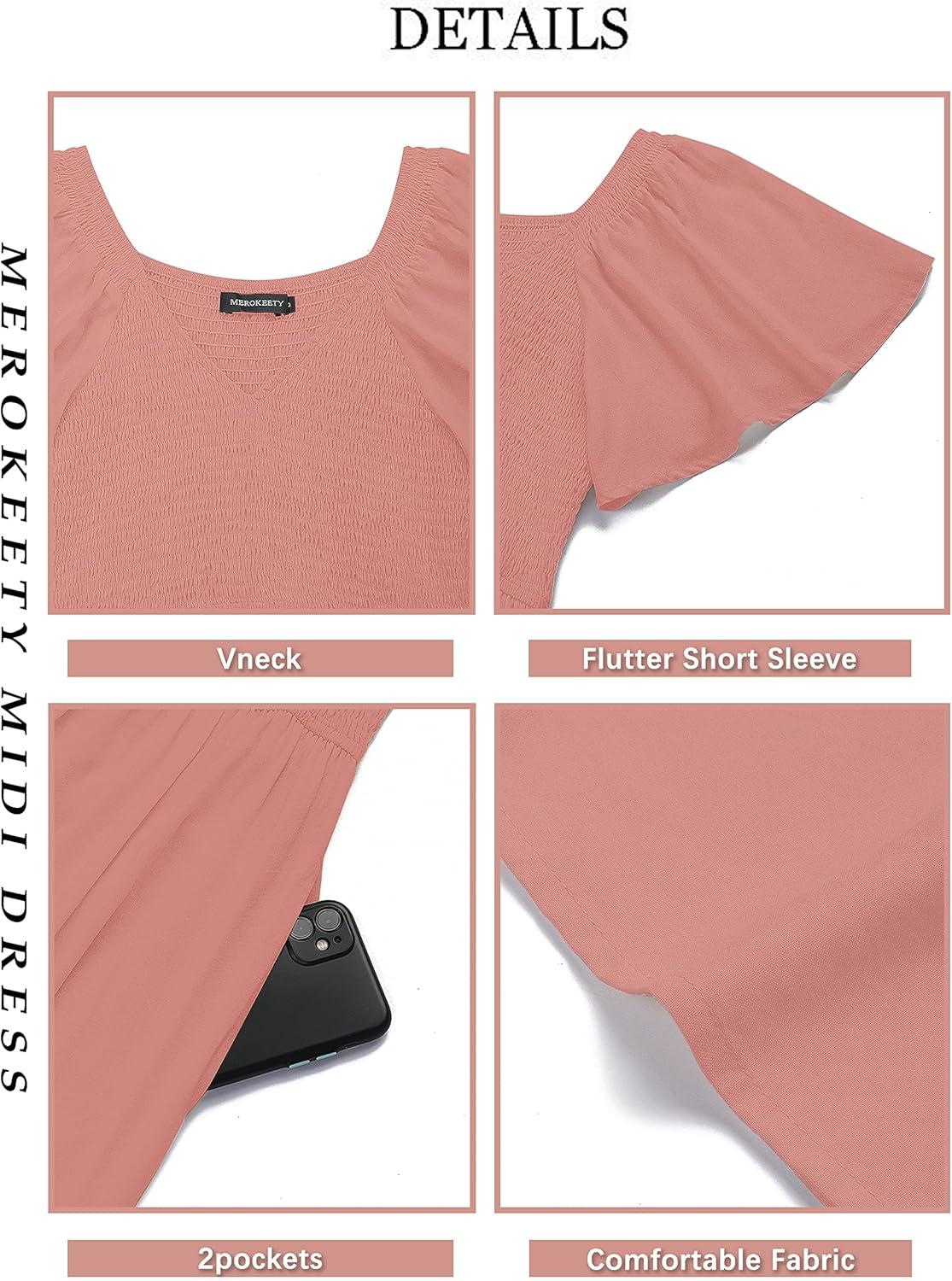 imageMEROKEETY Womens Summer Casual V Neck Ruffle Sleeve Smocked High Waist Midi Dress with PocketsTearose