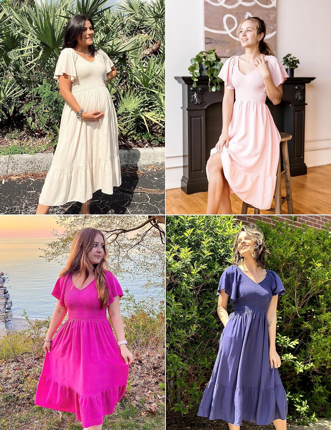 imageMEROKEETY Womens Summer Casual V Neck Ruffle Sleeve Smocked High Waist Midi Dress with PocketsTearose