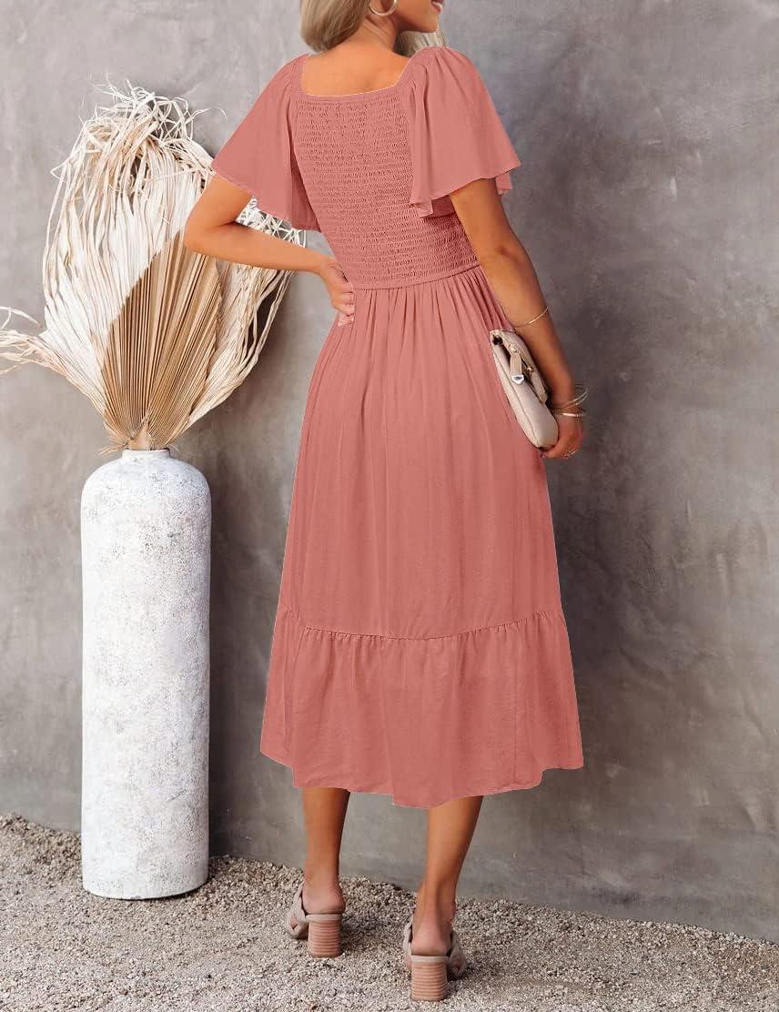imageMEROKEETY Womens Summer Casual V Neck Ruffle Sleeve Smocked High Waist Midi Dress with PocketsTearose