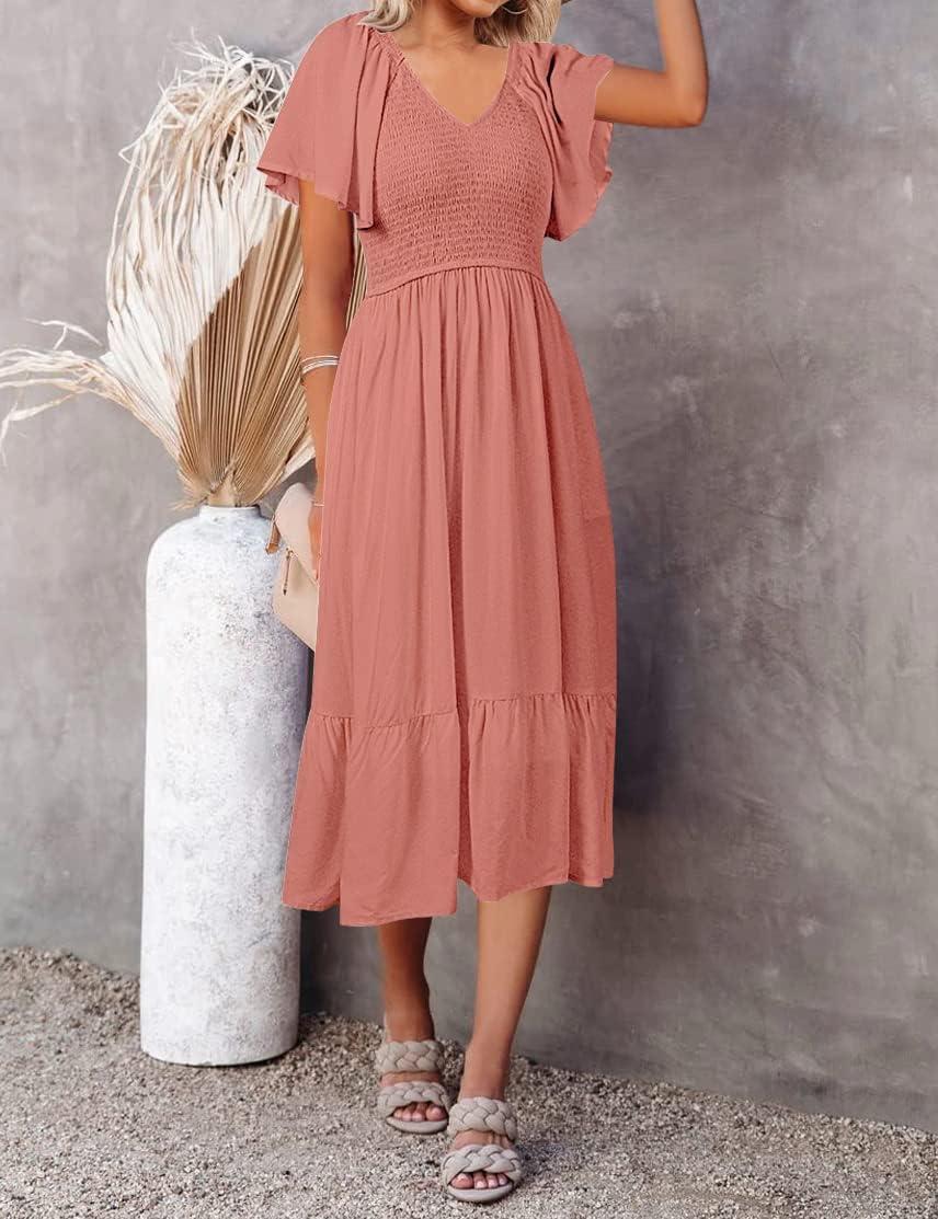imageMEROKEETY Womens Summer Casual V Neck Ruffle Sleeve Smocked High Waist Midi Dress with PocketsTearose