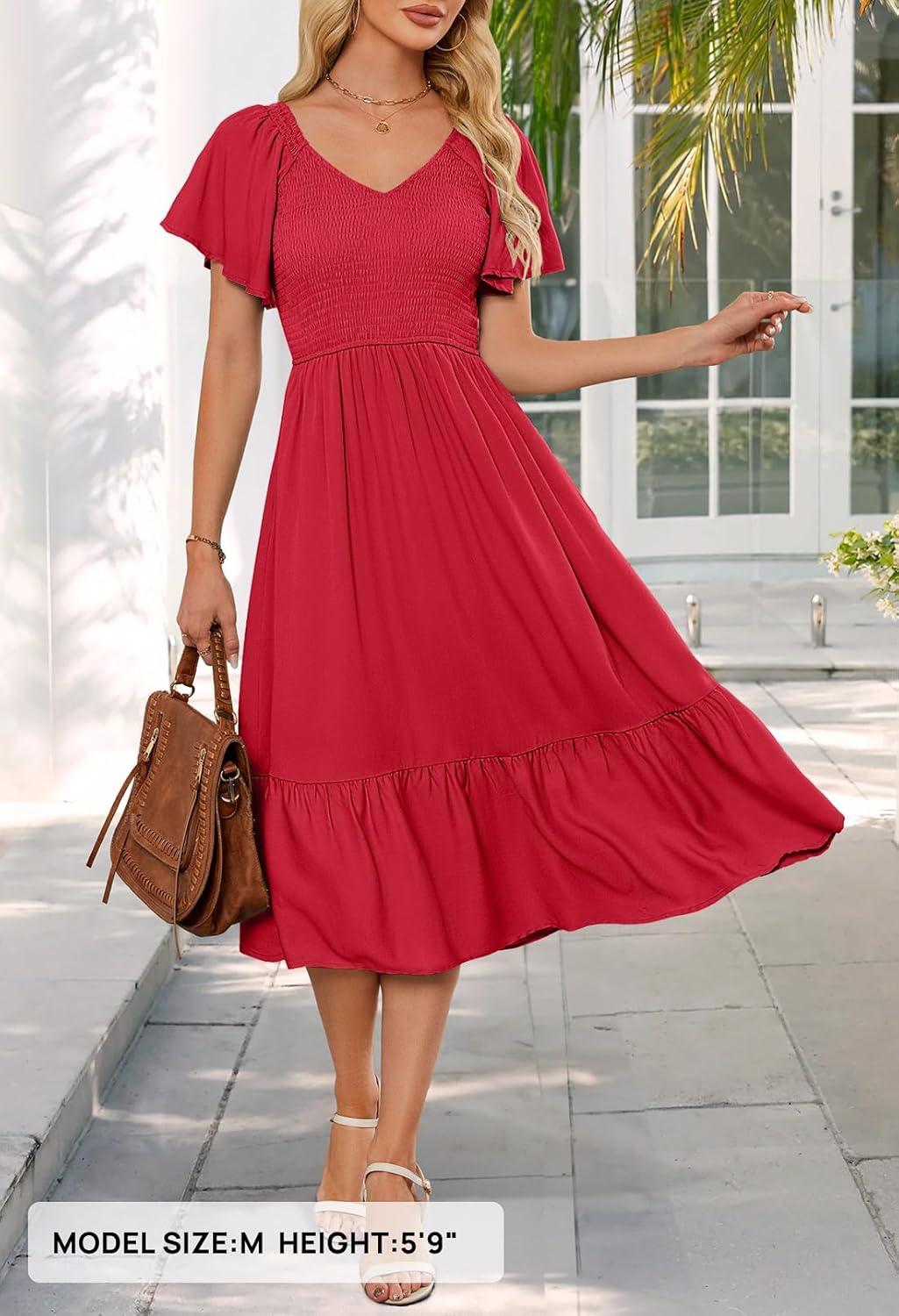 imageMEROKEETY Womens Summer Casual V Neck Ruffle Sleeve Smocked High Waist Midi Dress with PocketsWatermelon