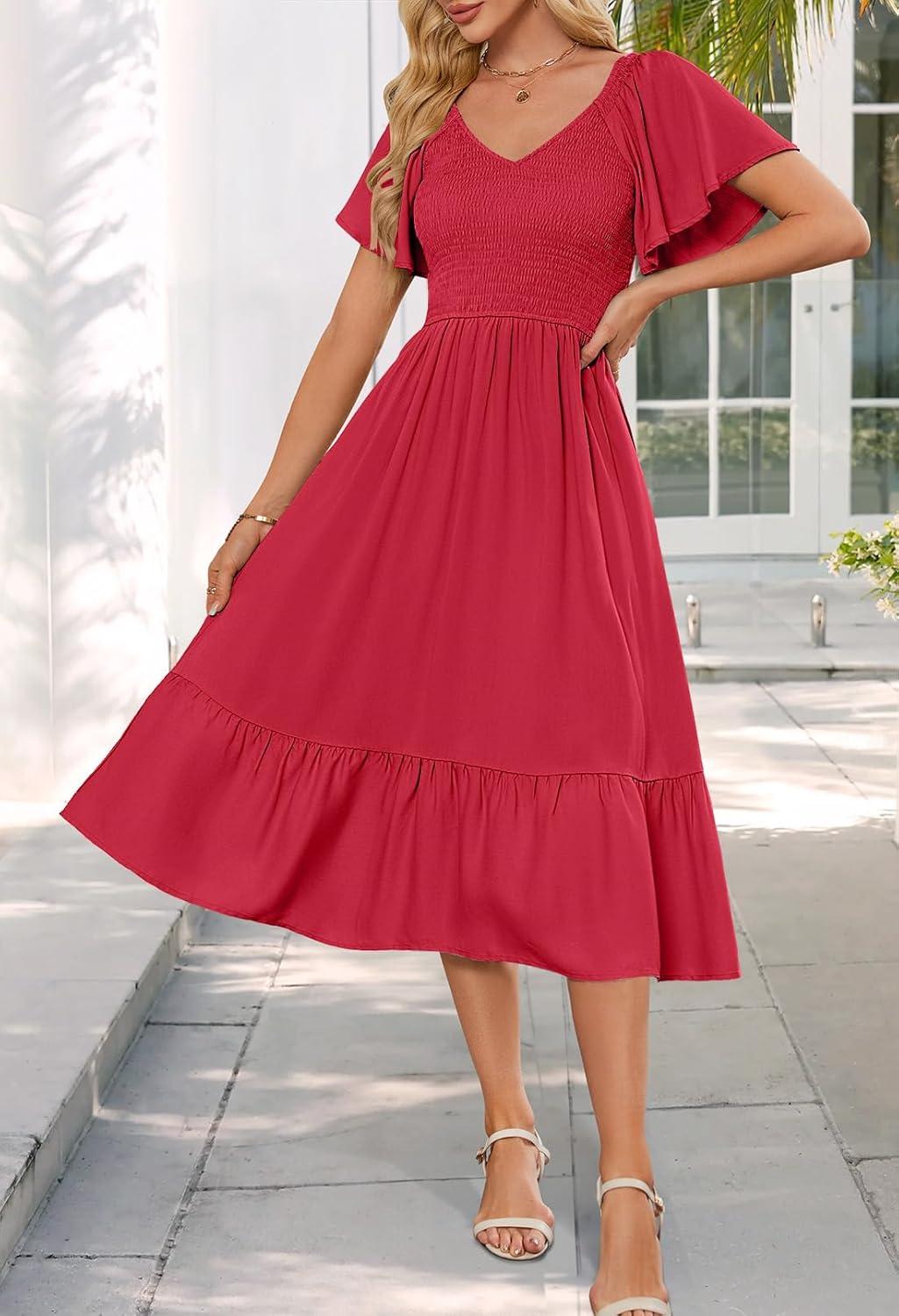 imageMEROKEETY Womens Summer Casual V Neck Ruffle Sleeve Smocked High Waist Midi Dress with PocketsWatermelon
