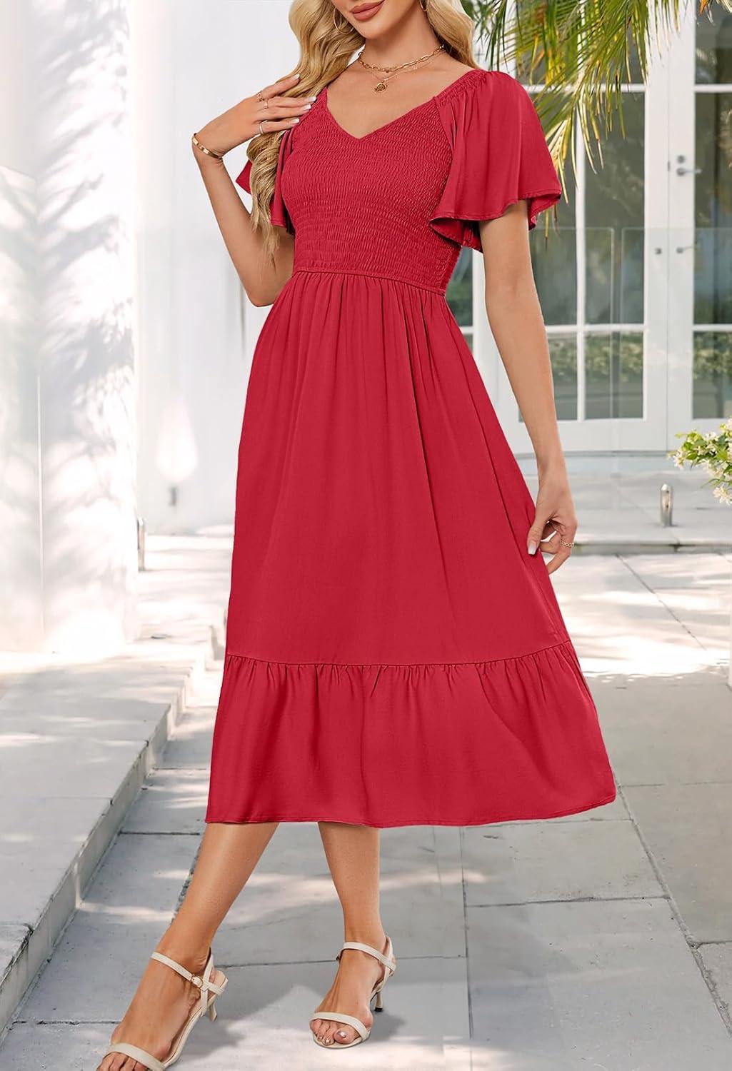 imageMEROKEETY Womens Summer Casual V Neck Ruffle Sleeve Smocked High Waist Midi Dress with PocketsWatermelon