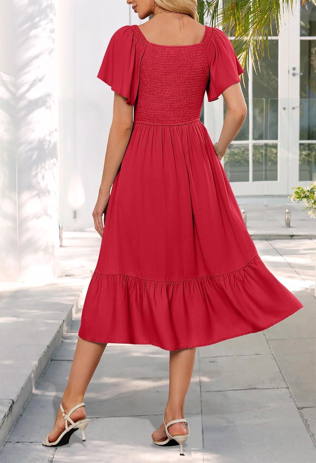 imageMEROKEETY Womens Summer Casual V Neck Ruffle Sleeve Smocked High Waist Midi Dress with PocketsWatermelon