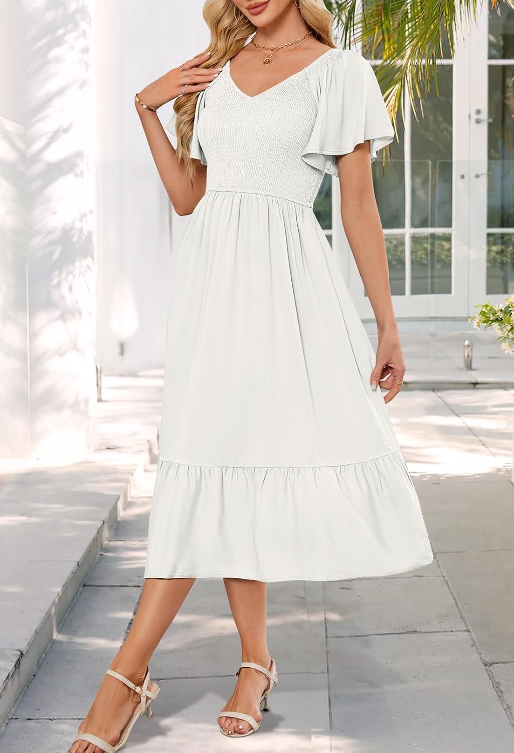 imageMEROKEETY Womens Summer Casual V Neck Ruffle Sleeve Smocked High Waist Midi Dress with PocketsWhite