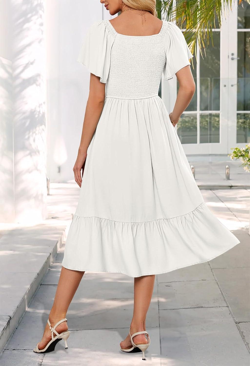 imageMEROKEETY Womens Summer Casual V Neck Ruffle Sleeve Smocked High Waist Midi Dress with PocketsWhite