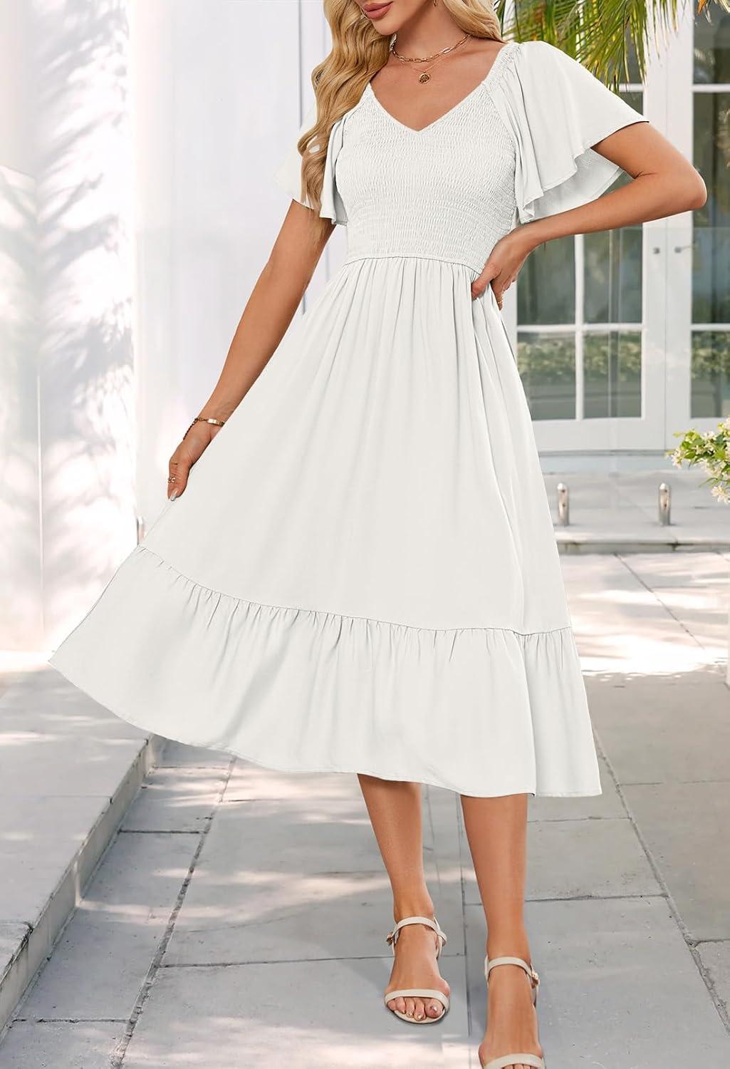imageMEROKEETY Womens Summer Casual V Neck Ruffle Sleeve Smocked High Waist Midi Dress with PocketsWhite