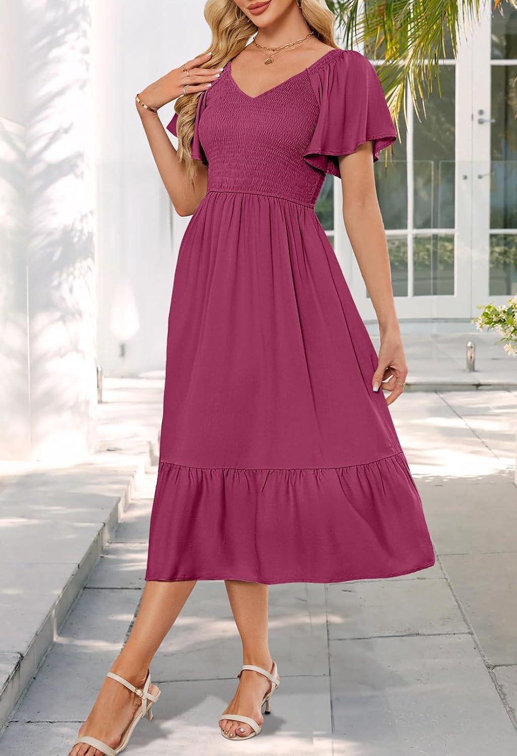 imageMEROKEETY Womens Summer Casual V Neck Ruffle Sleeve Smocked High Waist Midi Dress with PocketsWine